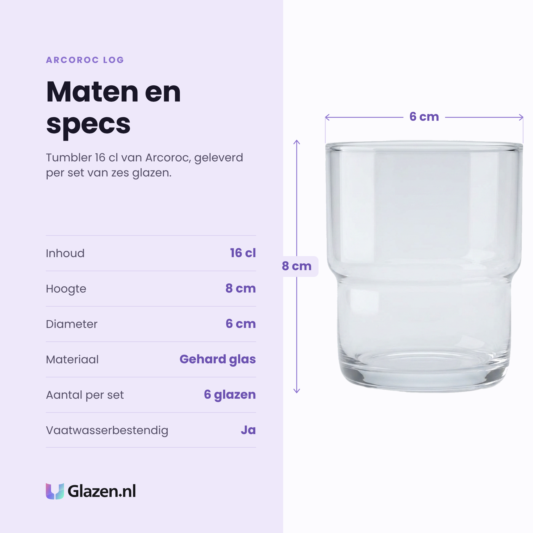 Arcoroc Log tumbler 16 cl specificaties: inhoud 16 cl, hoogte 8 cm, diameter 6 cm, gehard glas, set van 6