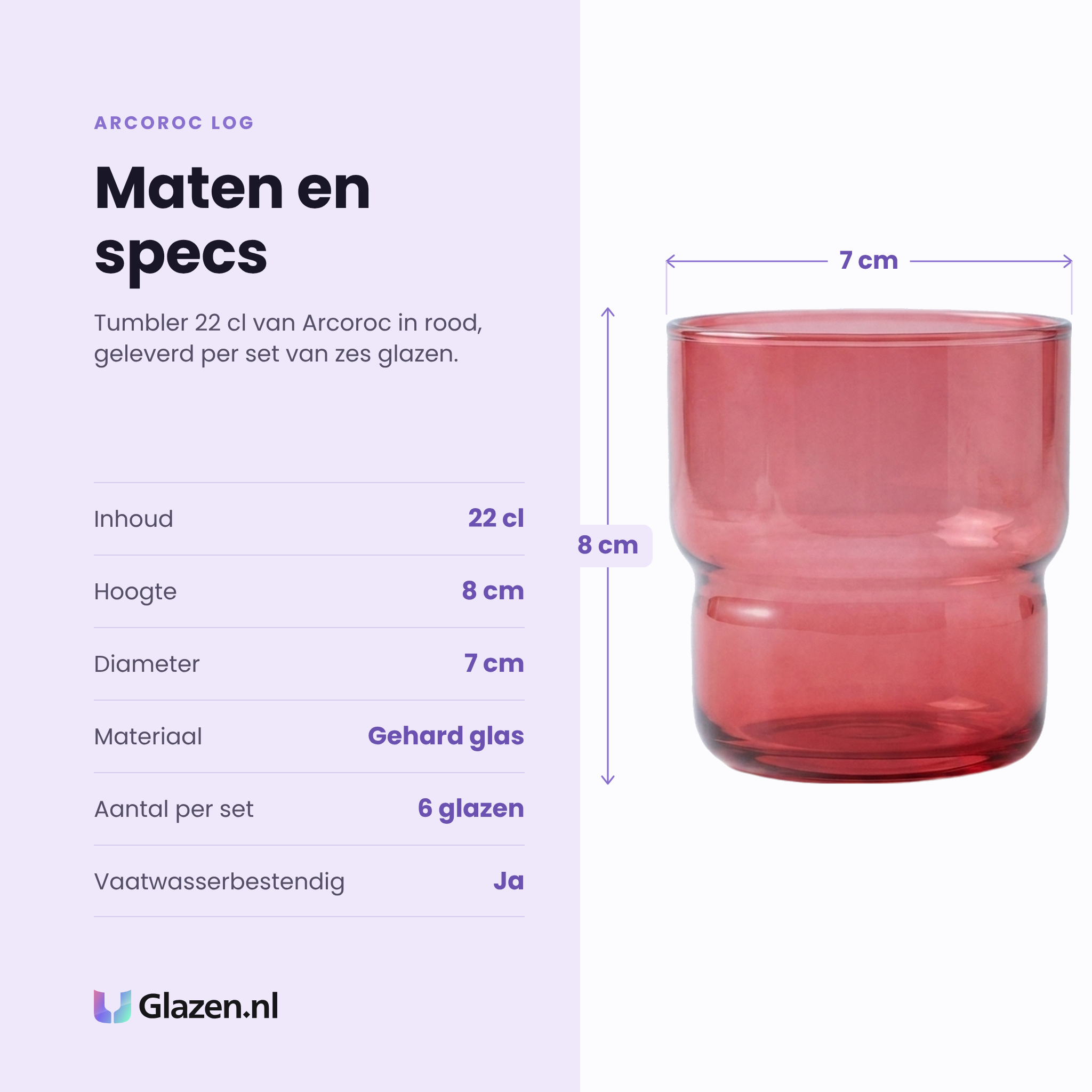 Arcoroc Log tumbler 22 cl rood specificaties: inhoud 22 cl, hoogte 8 cm, diameter 7 cm, gehard glas, set van 6