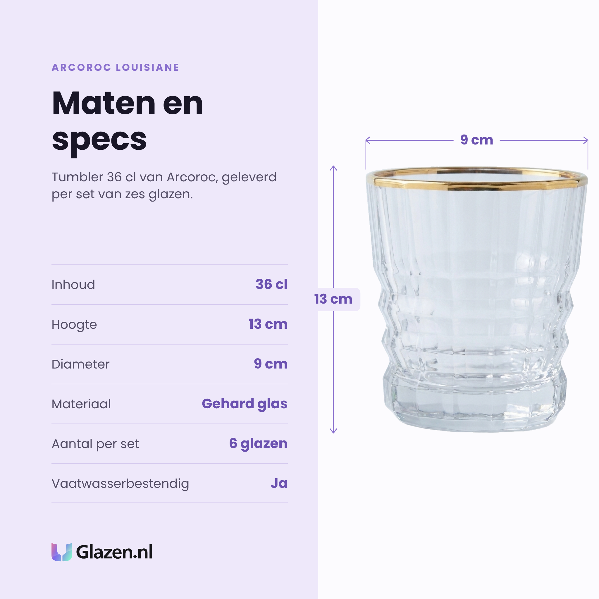 Arcoroc Louisiane tumbler 36 cl specificaties: inhoud 36 cl, hoogte 13 cm, diameter 9 cm, gehard glas, set van 6