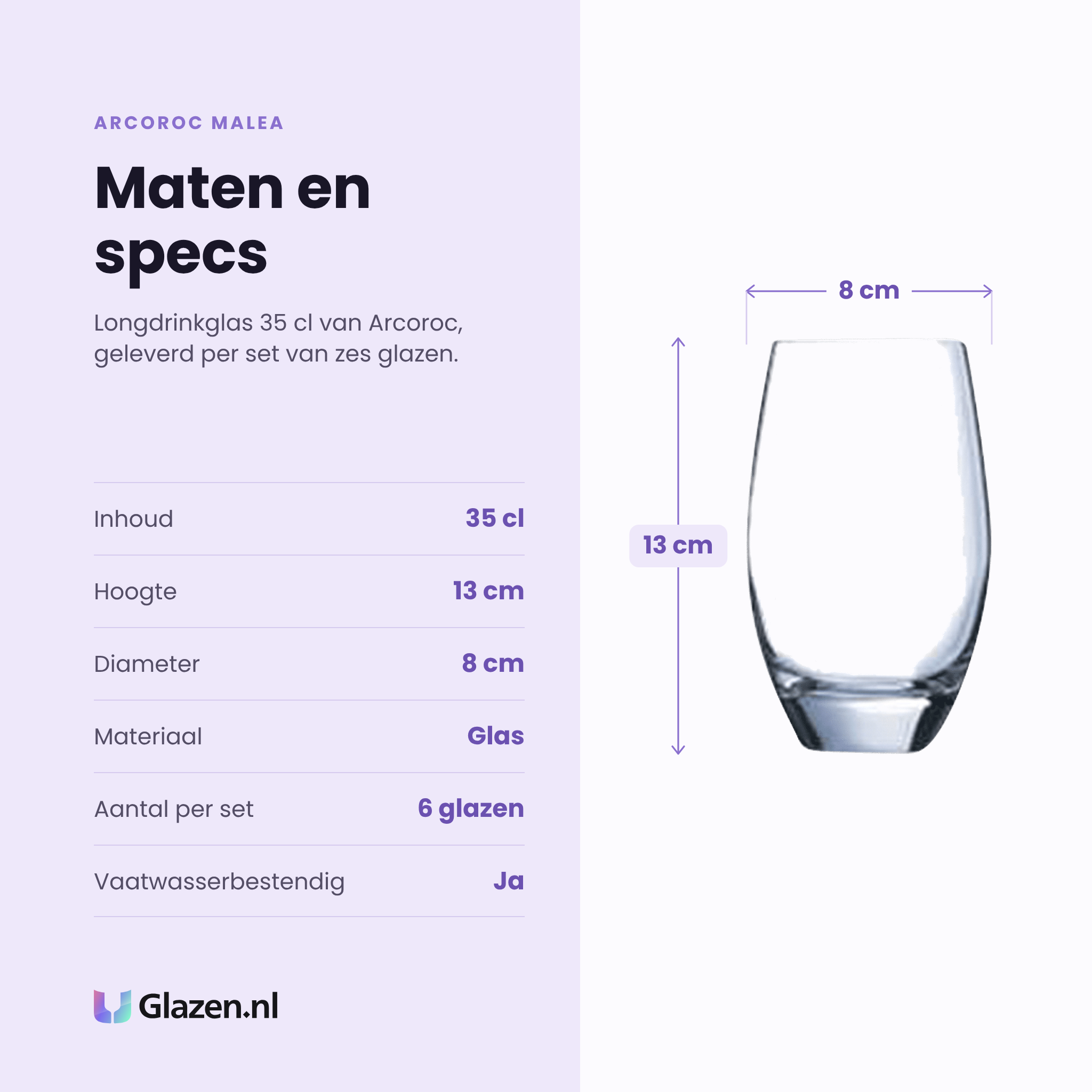 Arcoroc Malea longdrinkglas 35 cl specificaties: inhoud 35 cl, hoogte 13 cm, diameter 8 cm, glas, set van 6