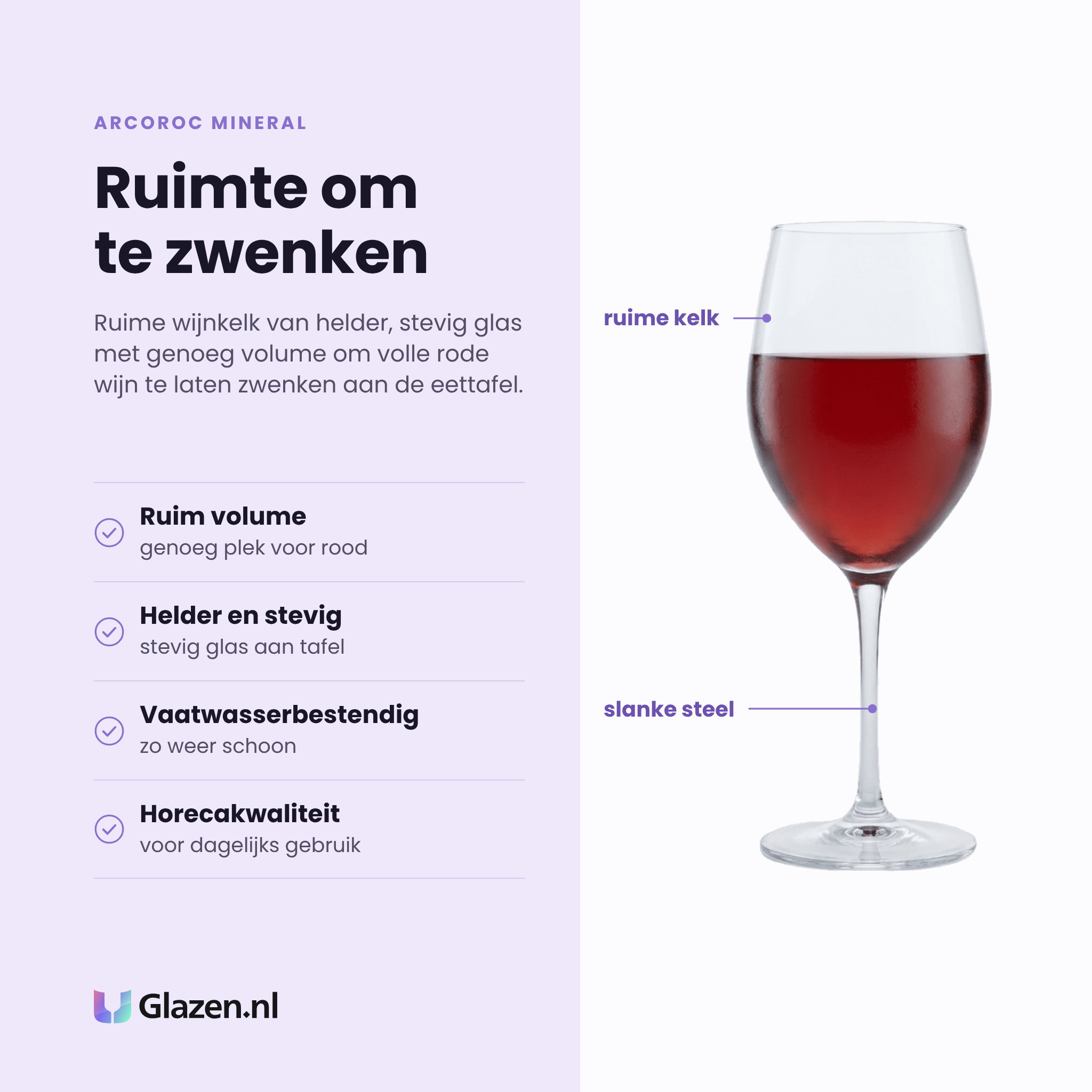 Arcoroc Mineral wijnglas 45 cl eigenschappen: ruim volume voor rood, helder en stevig glas, vaatwasserbestendig, horecakwaliteit
