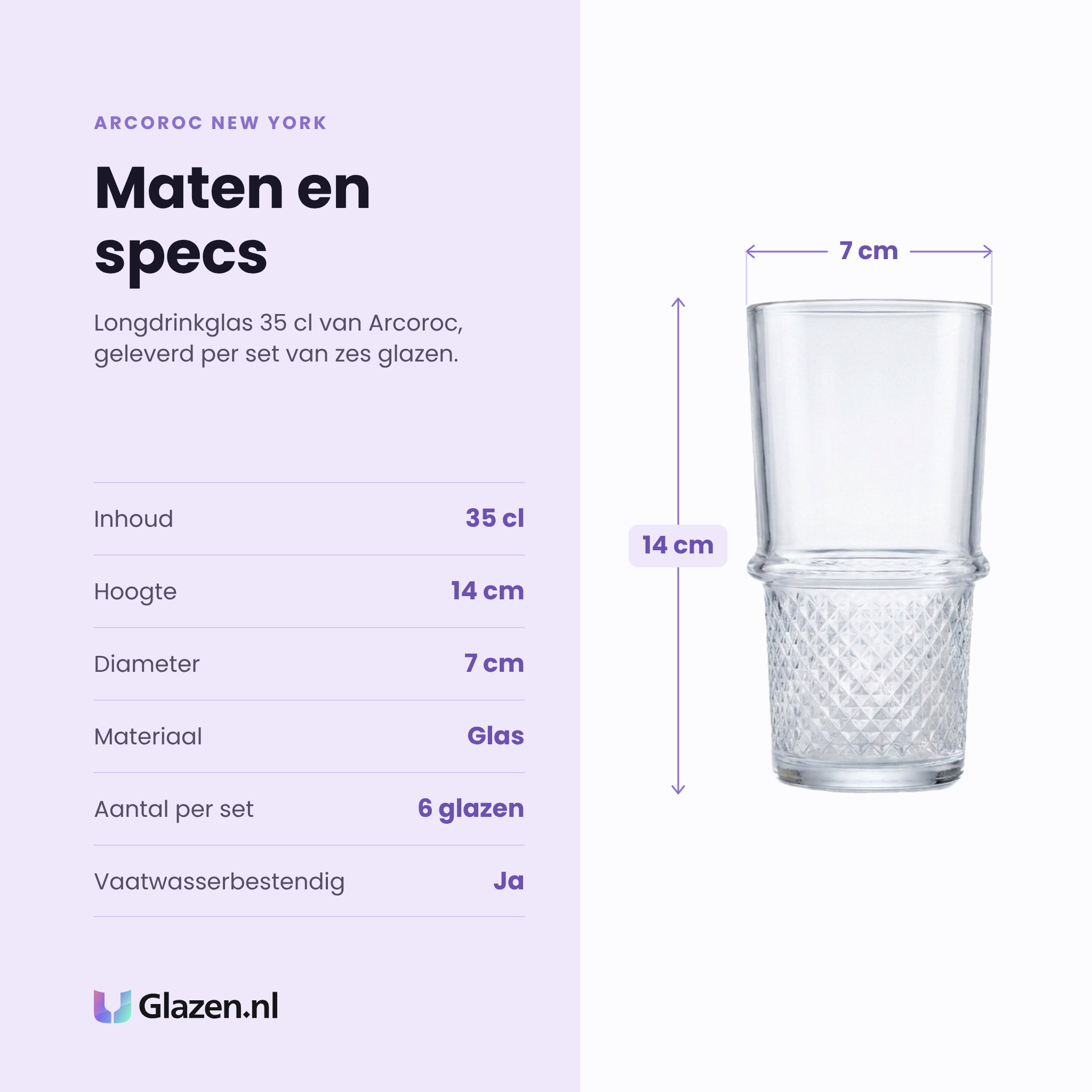 Arcoroc New York longdrinkglas 35 cl specificaties: inhoud 35 cl, hoogte 14 cm, diameter 7 cm, glas, set van 6