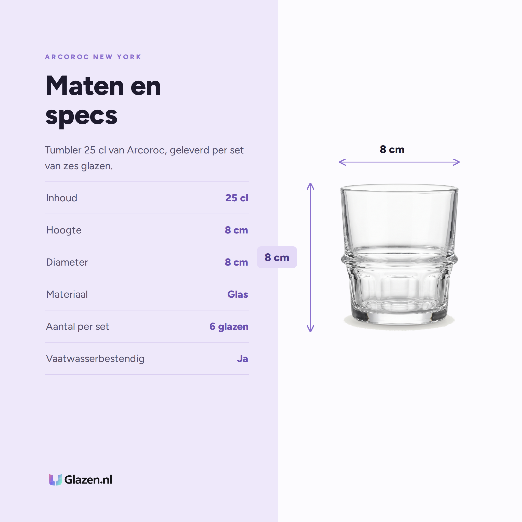 Arcoroc New York Tumbler 25 Cl specificaties: inhoud 25 cl, hoogte 8 cm, diameter 8 cm, materiaal Glas, aantal per set 6 glazen, vaatwasserbestendig Ja