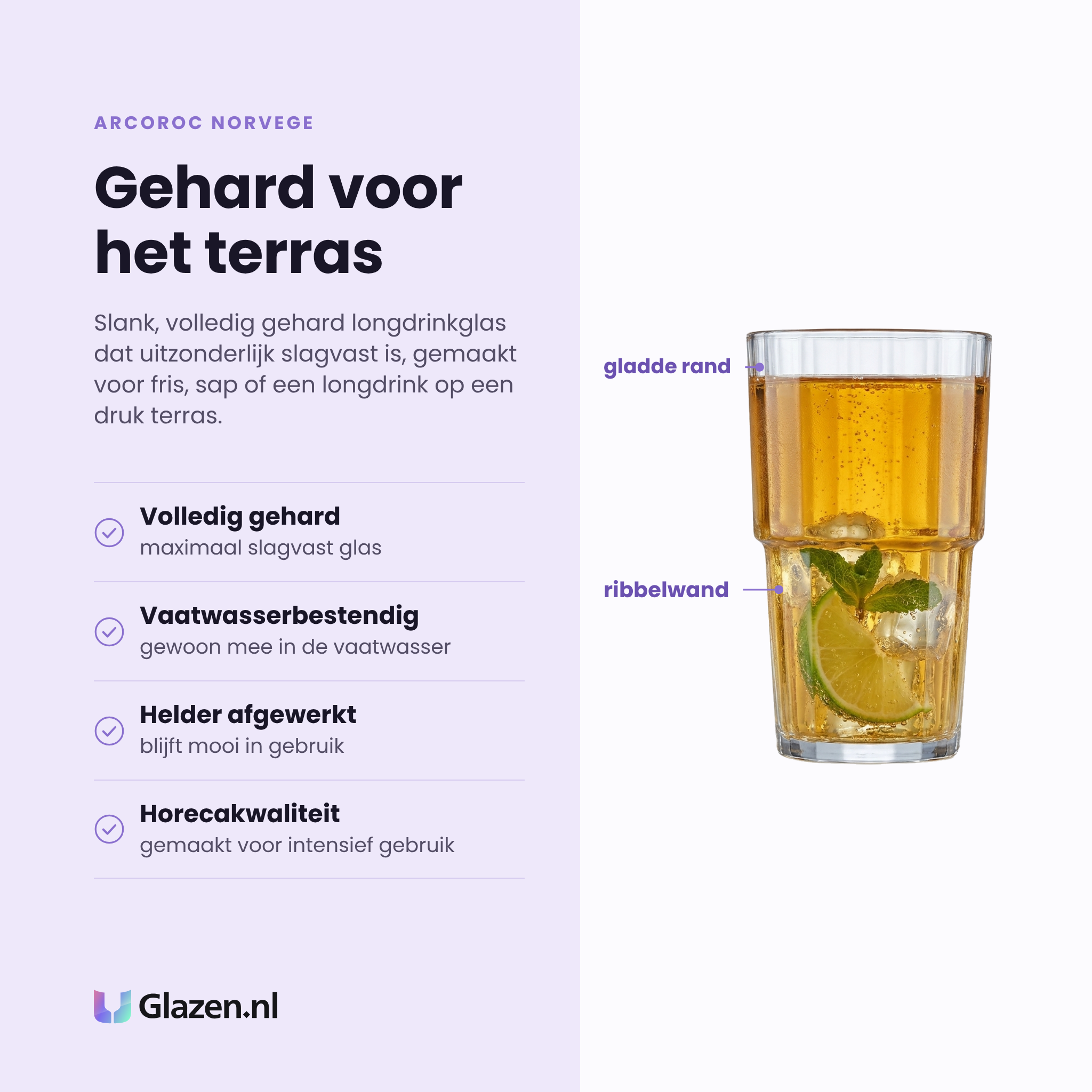 Arcoroc Norvege longdrinkglas 27 cl eigenschappen: volledig gehard glas, maximaal slagvast, vaatwasserbestendig, horecakwaliteit