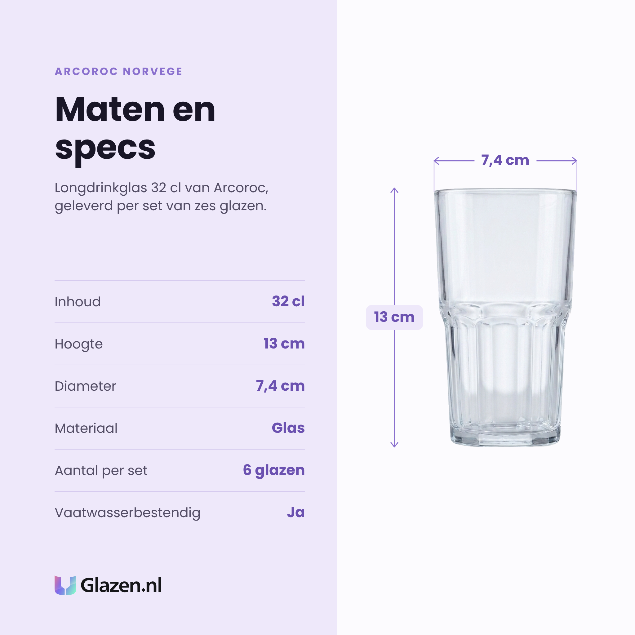 Arcoroc Norvege longdrinkglas 32 cl specificaties: inhoud 32 cl, hoogte 13 cm, diameter 7,4 cm, glas, set van 6