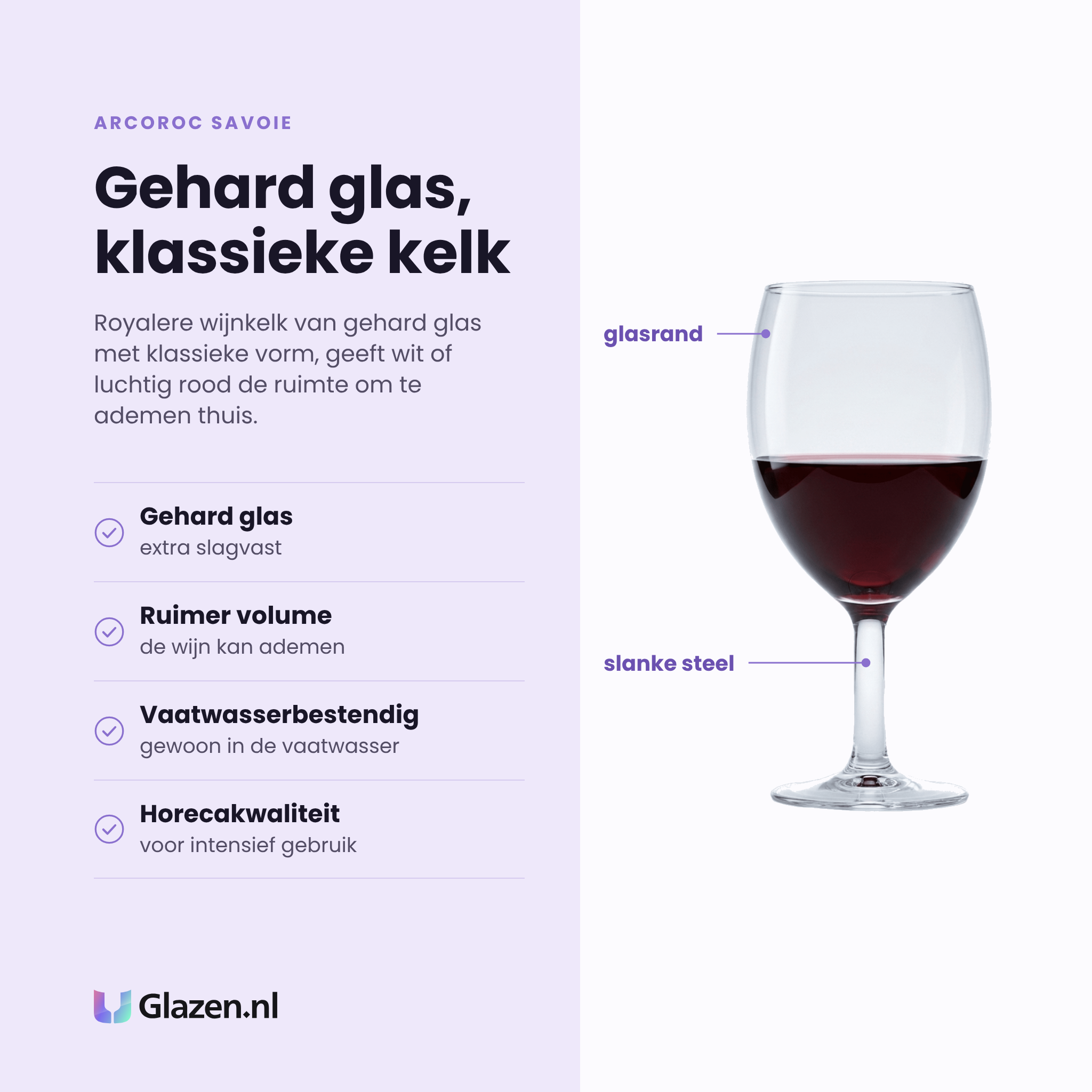 Arcoroc Savoie wijnglas 24,5 cl eigenschappen: gehard glas, ruimer volume, vaatwasserbestendig, horecakwaliteit