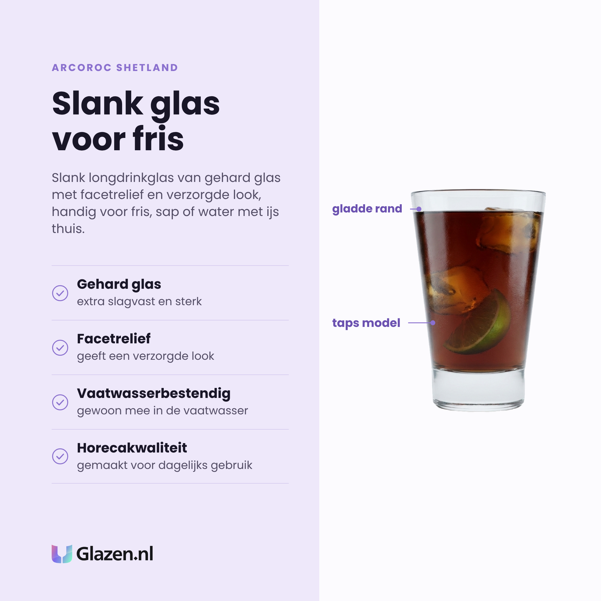 Arcoroc Shetland longdrinkglas 22 cl eigenschappen: gehard glas, facetrelief, vaatwasserbestendig, horecakwaliteit