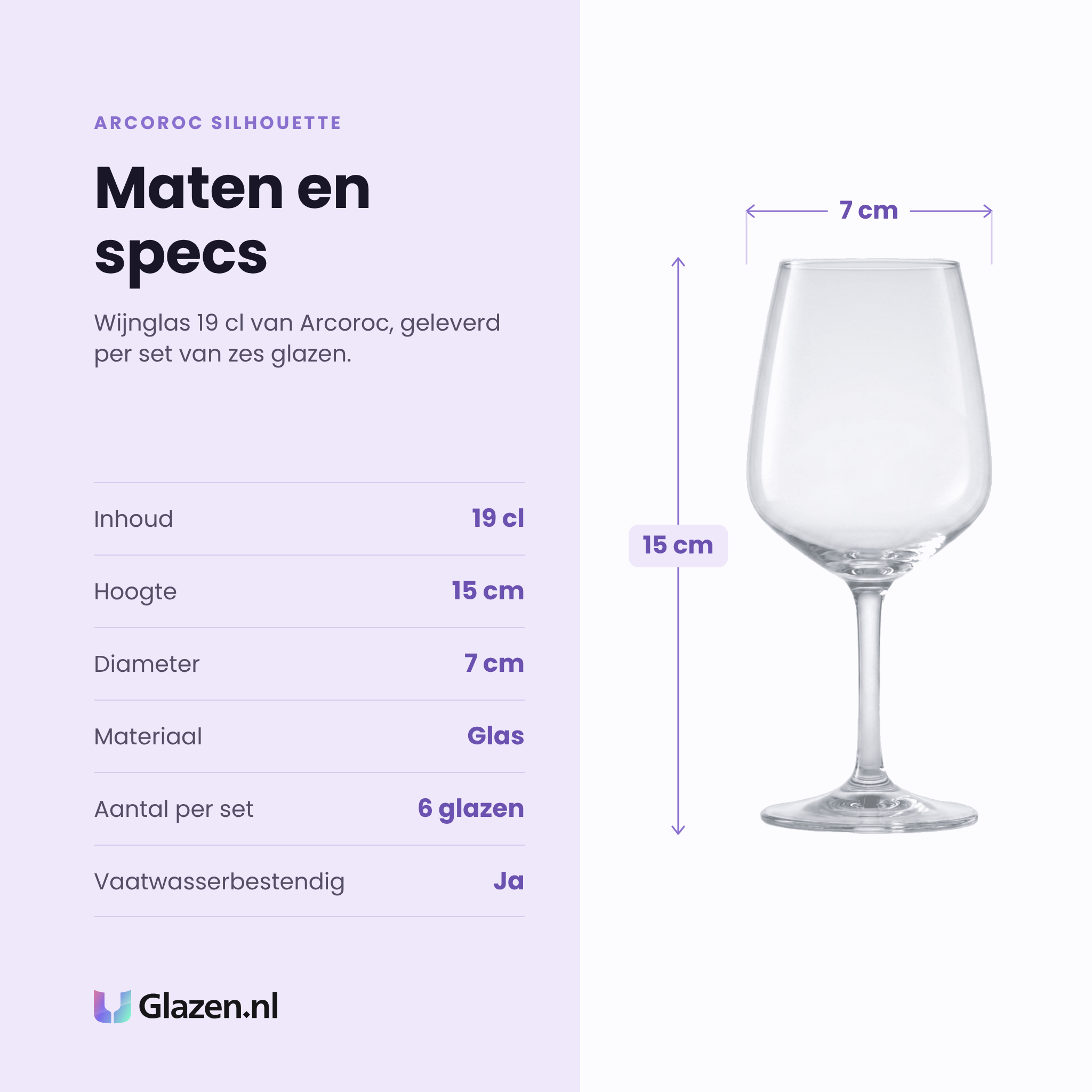 Arcoroc Silhouette wijnglas 19 cl specificaties: inhoud 19 cl, hoogte 15 cm, diameter 7 cm, glas, set van 6
