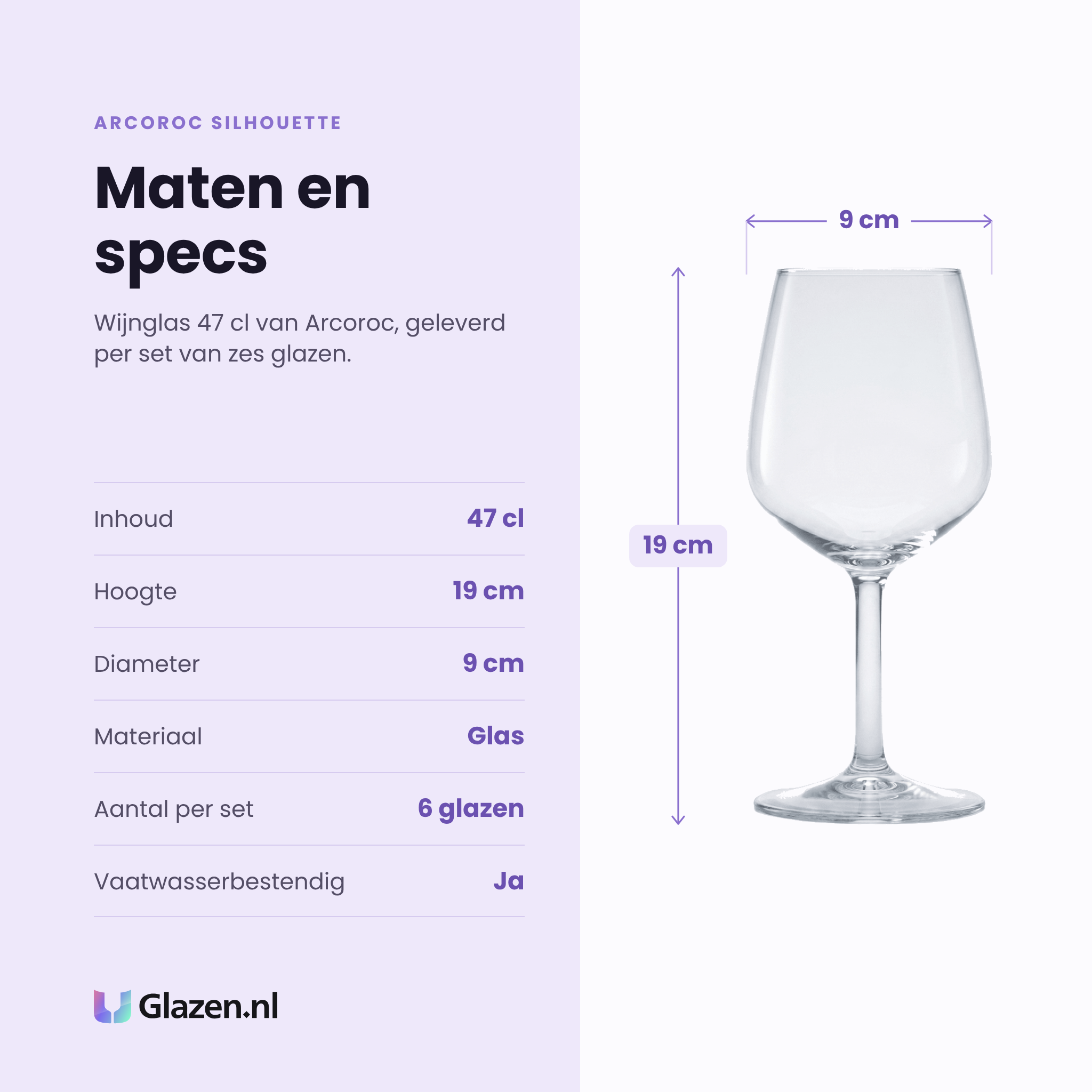 Arcoroc Silhouette wijnglas 47 cl specificaties: inhoud 47 cl, hoogte 19 cm, diameter 9 cm, glas, set van 6