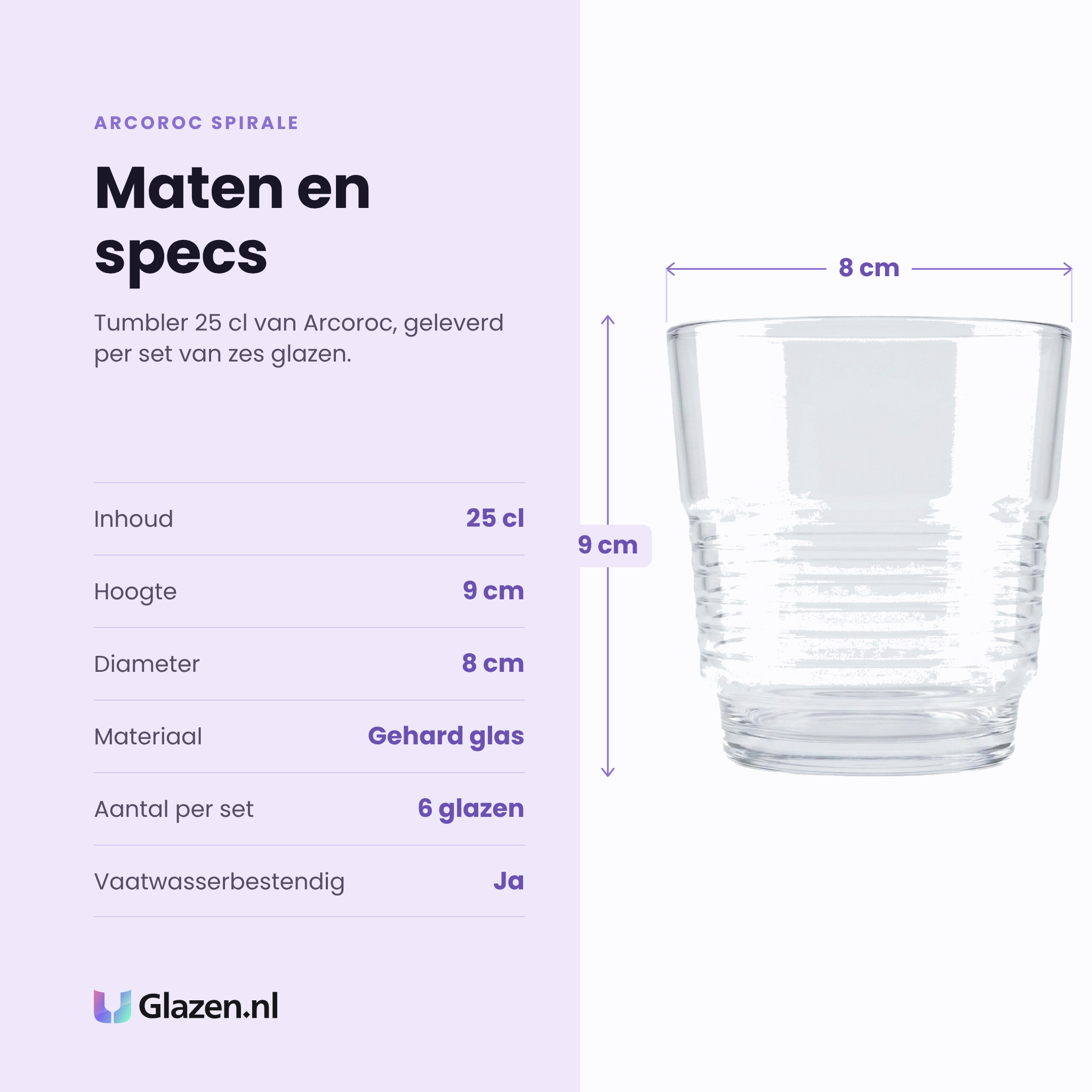 Arcoroc Spirale tumbler 25 cl specificaties: inhoud 25 cl, hoogte 9 cm, diameter 8 cm, gehard glas, set van 6