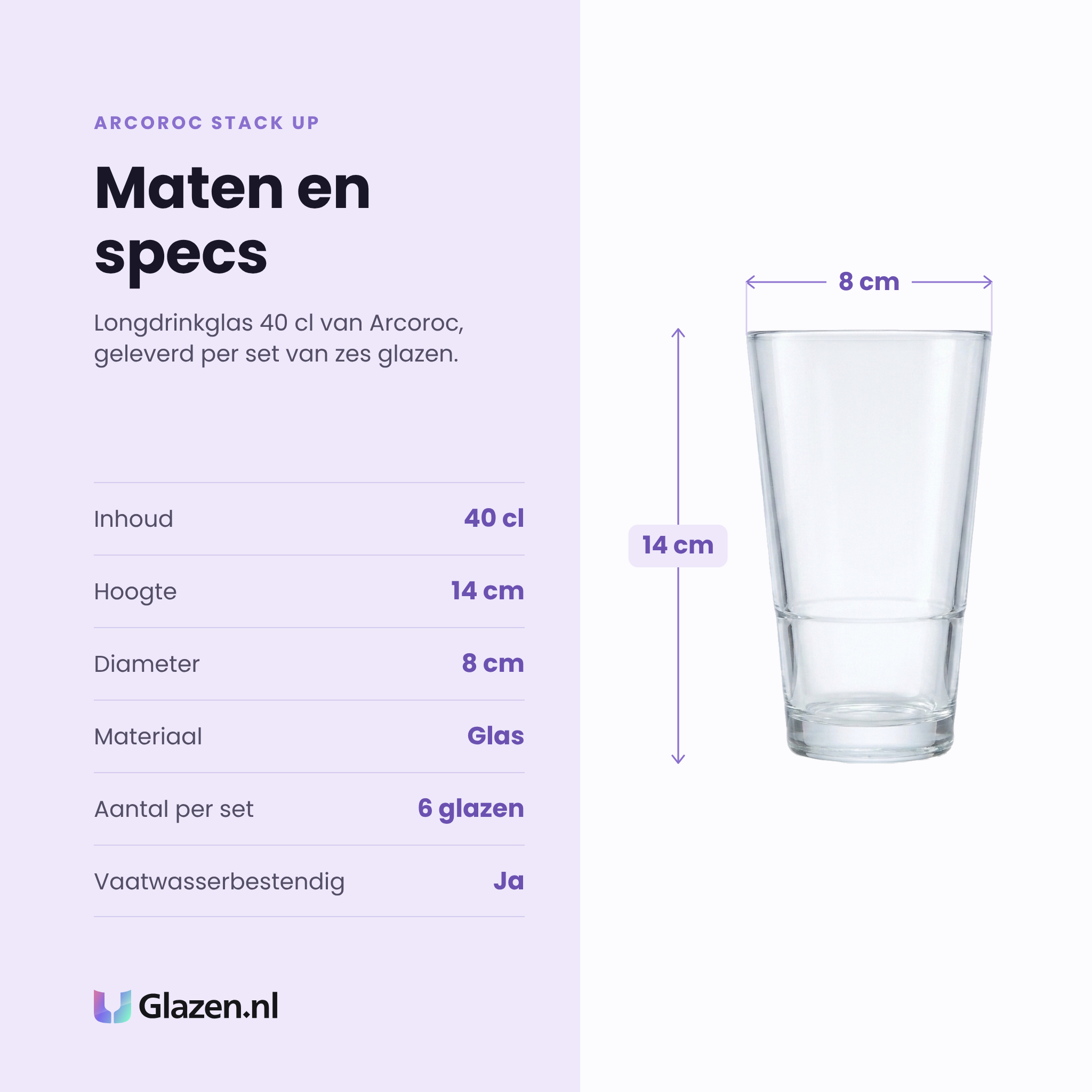 Arcoroc Stack Up longdrinkglas 40 cl specificaties: inhoud 40 cl, hoogte 14 cm, diameter 8 cm, glas, set van 6