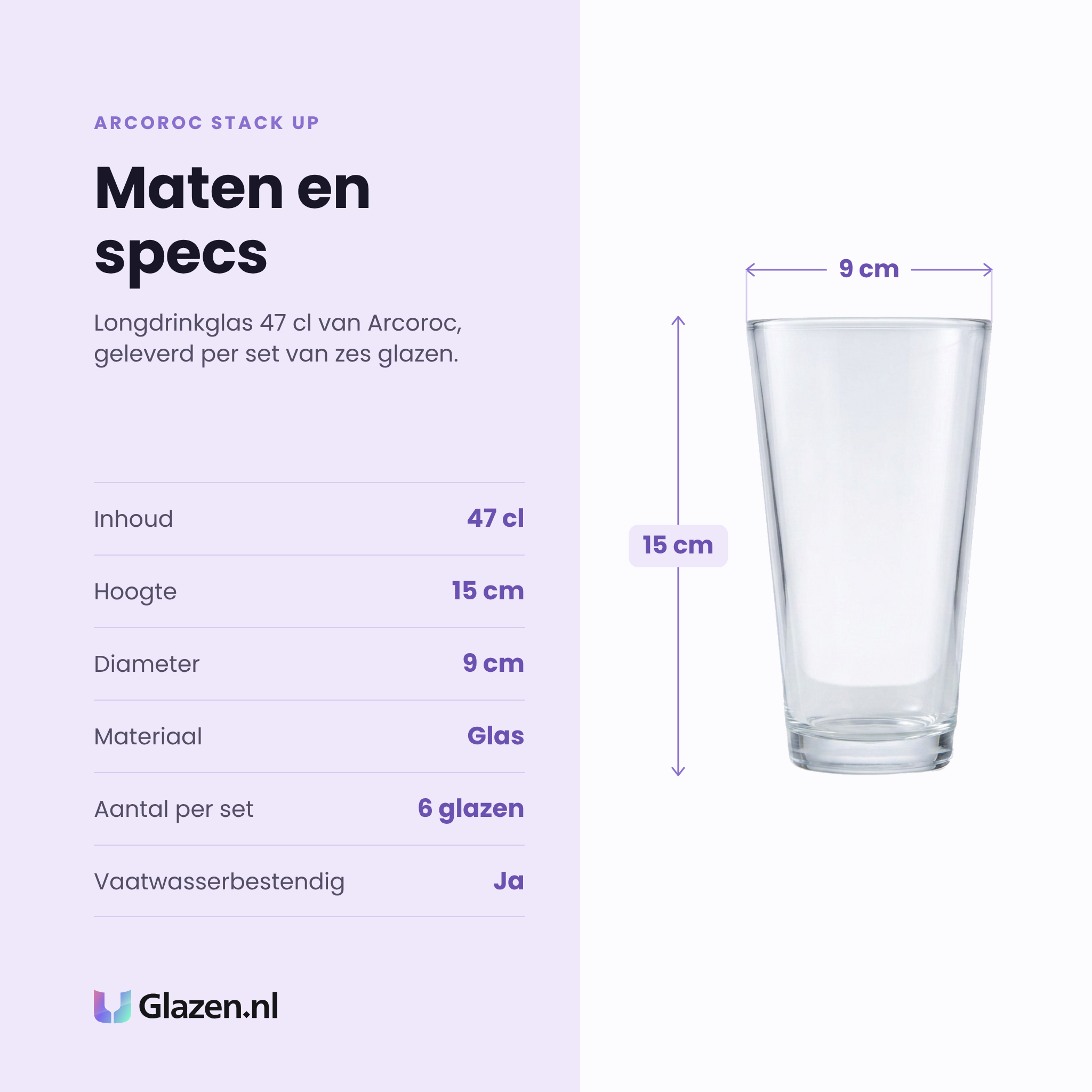Arcoroc Stack Up longdrinkglas 47 cl specificaties: inhoud 47 cl, hoogte 15 cm, diameter 9 cm, glas, set van 6