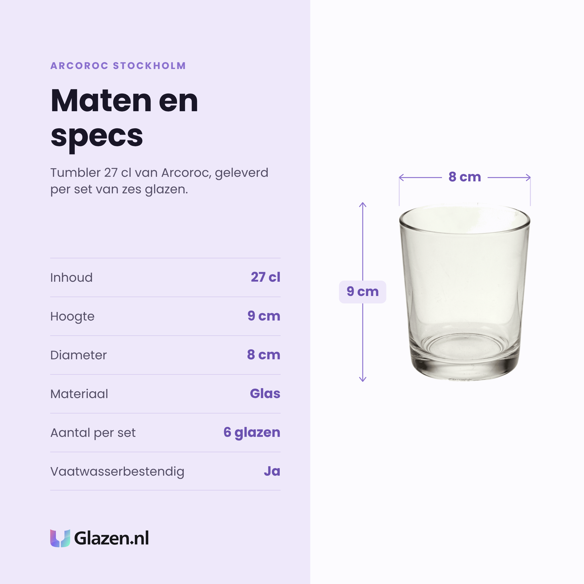 Arcoroc Stockholm tumbler 27 cl specificaties: inhoud 27 cl, hoogte 9 cm, diameter 8 cm, glas, set van 6