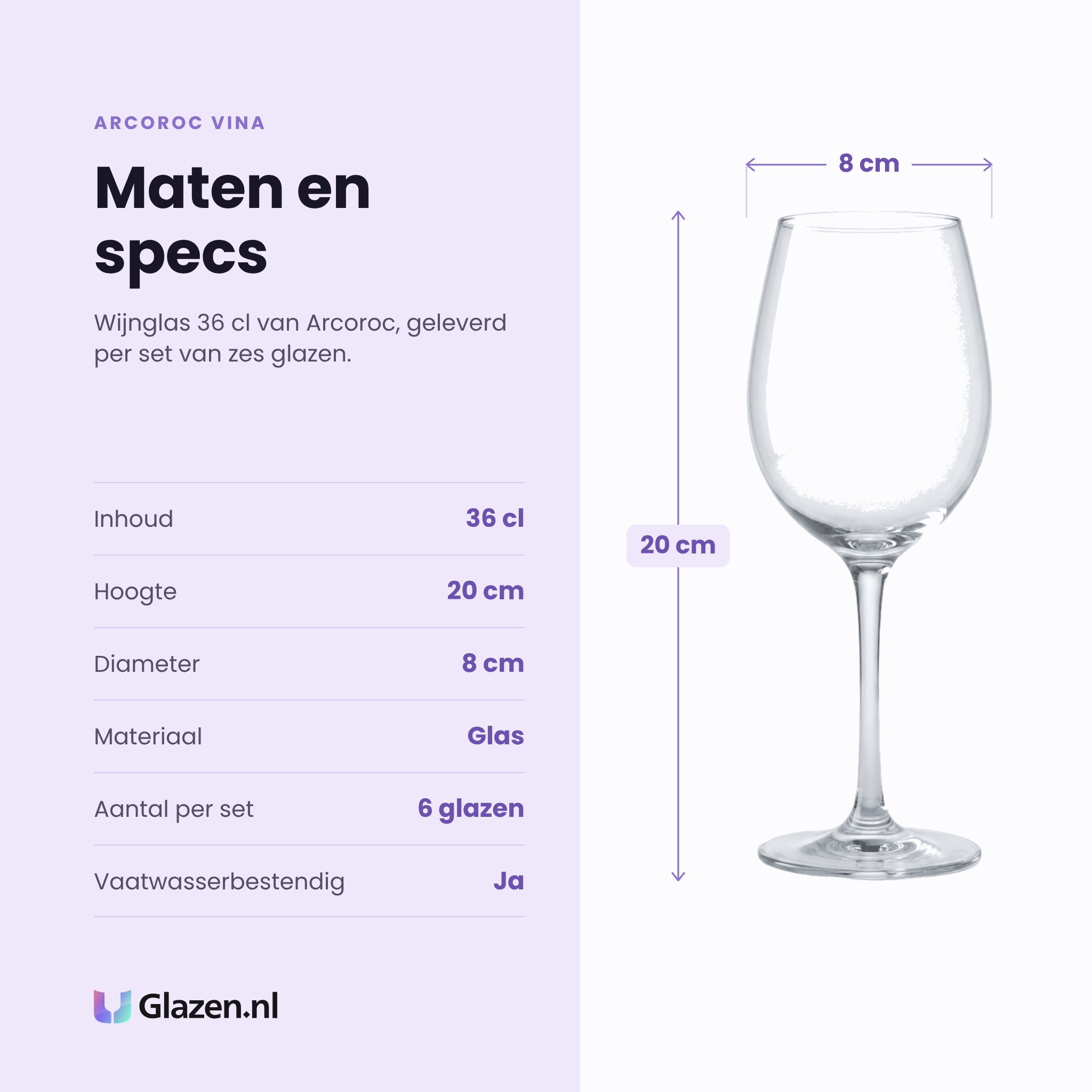Arcoroc Vina wijnglas 36 cl specificaties: inhoud 36 cl, hoogte 20 cm, diameter 8 cm, glas, set van 6
