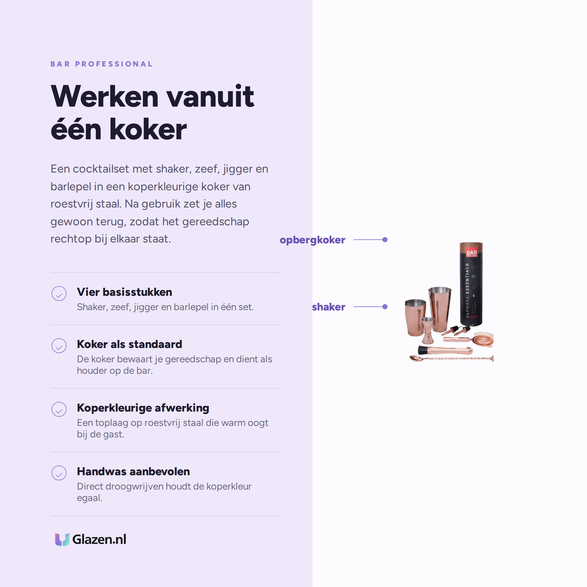 Eigenschappen van Bar Professional Barkit Koker Koper Cocktail Set