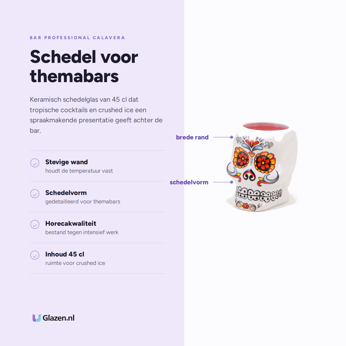 Bar Professional Calavera Skull Cocktailglas 45 Cl eigenschappen: stevige wand, schedelvorm, horecakwaliteit, inhoud 45 cl