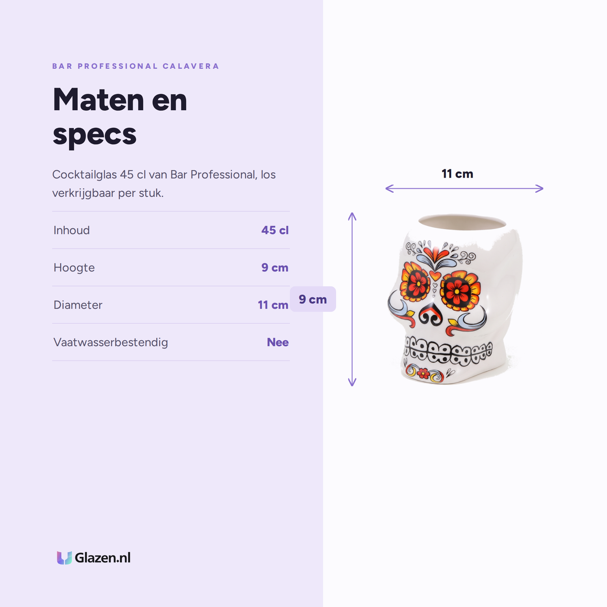 Bar Professional Calavera Skull Cocktailglas 45 Cl specificaties: inhoud 45 cl, hoogte 9 cm, diameter 11 cm, vaatwasserbestendig Nee