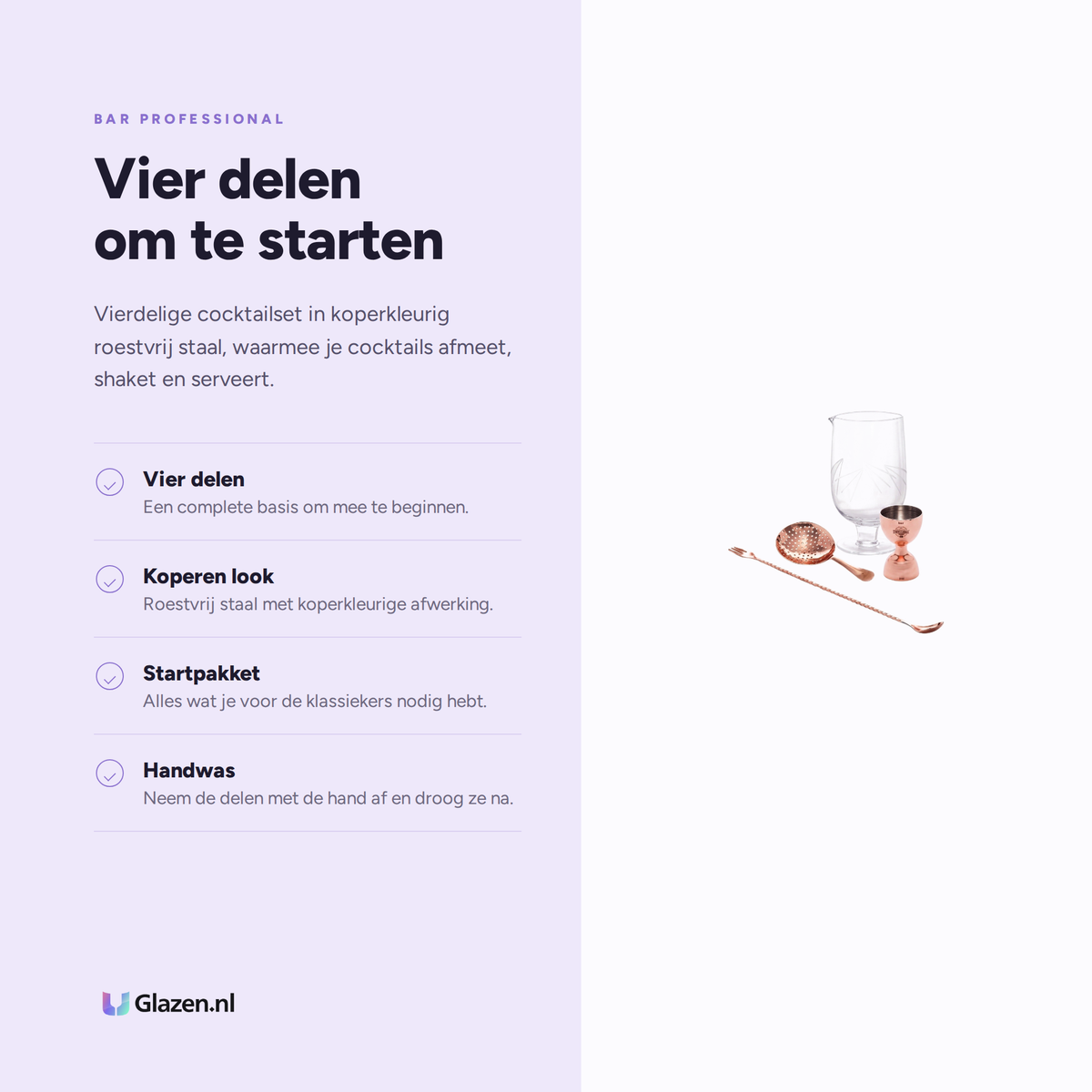 Infographic met de eigenschappen van Bar Professional Cocktailset Koper 4-Delig