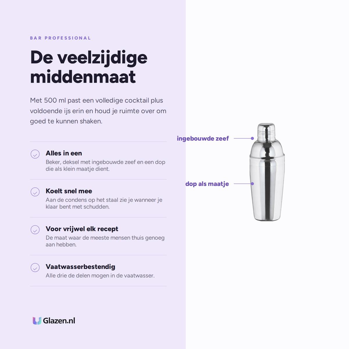 Bar Professional Cocktailshaker 3-Delig RVS 50 Cl, eigenschappen op een rij