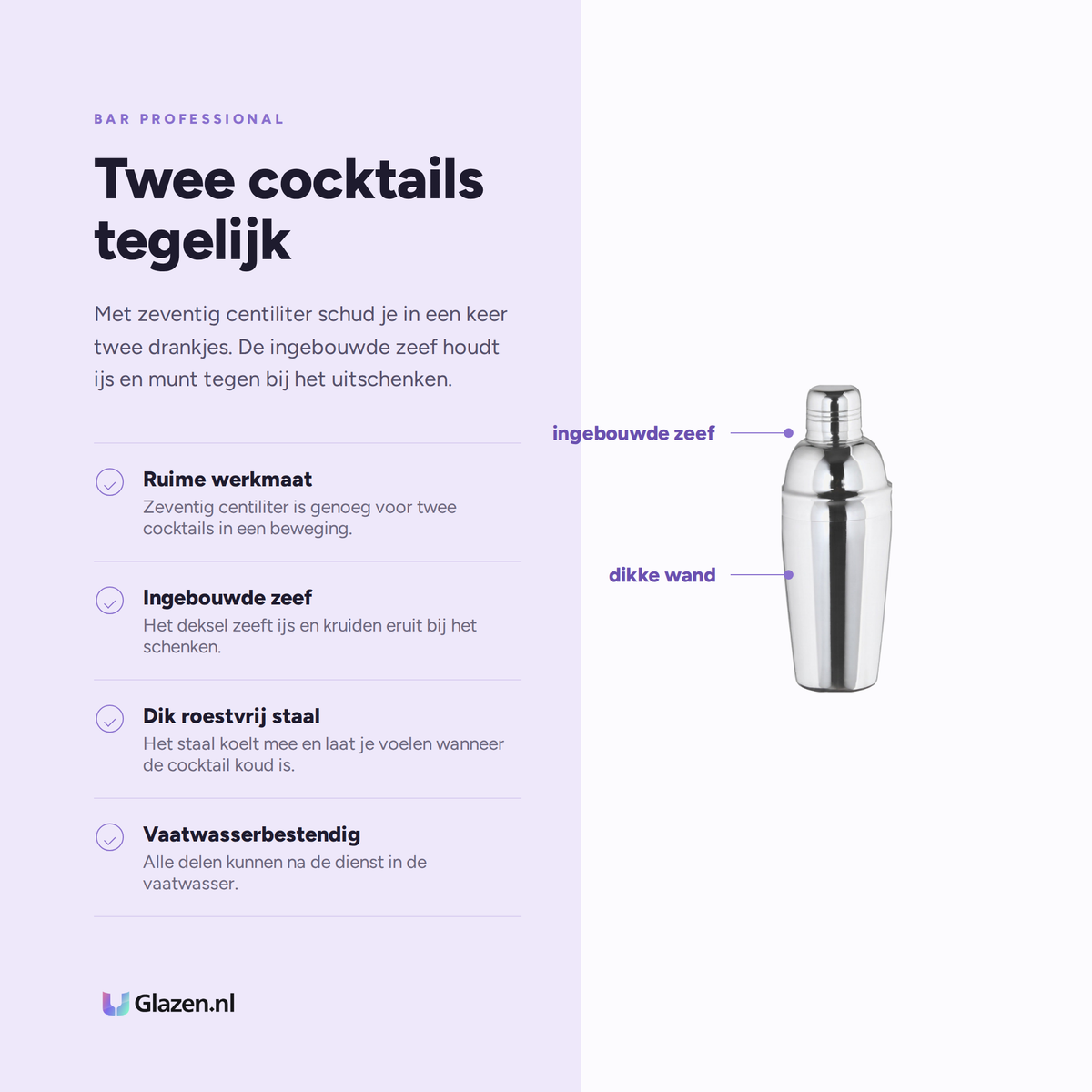 Bar Professional Cocktailshaker 3-Delig RVS 70 Cl, eigenschappen op een rij