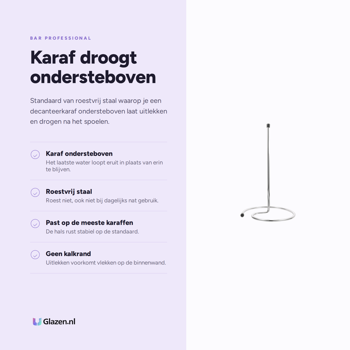Infographic met de eigenschappen van Bar Professional Decanteer Droogstandaard RVS