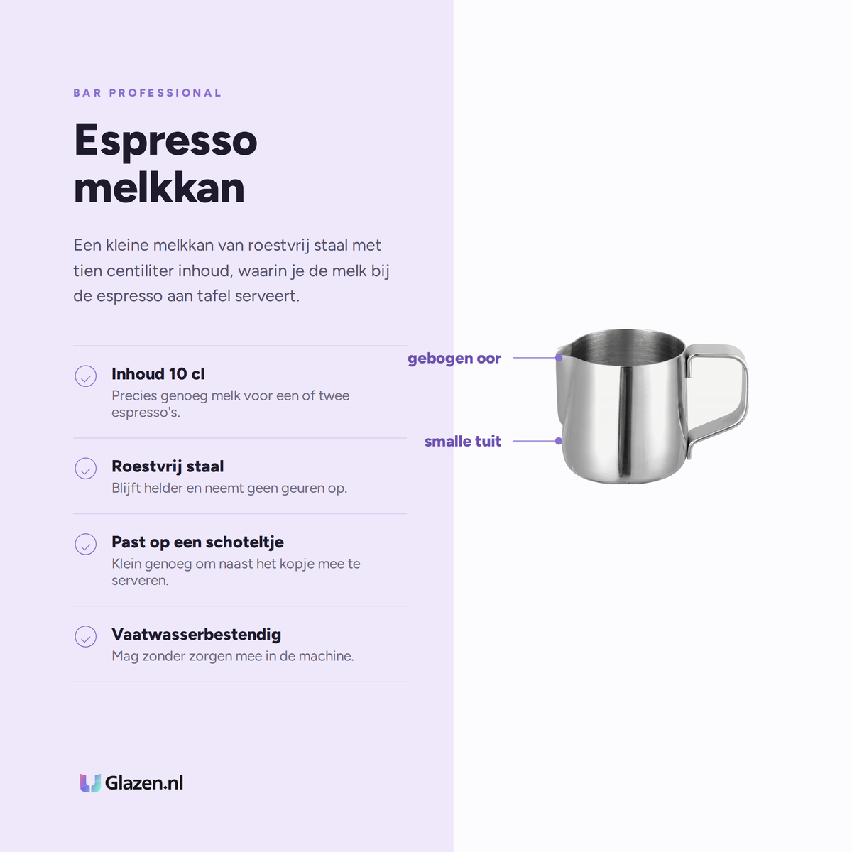 Eigenschappen van de Bar Professional Espresso Melkkan RVS 10 Cl