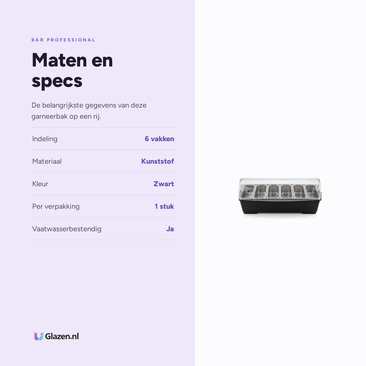 Maten en specificaties van Bar Professional Garneerbak Kunststof 6-Vaks Zwart