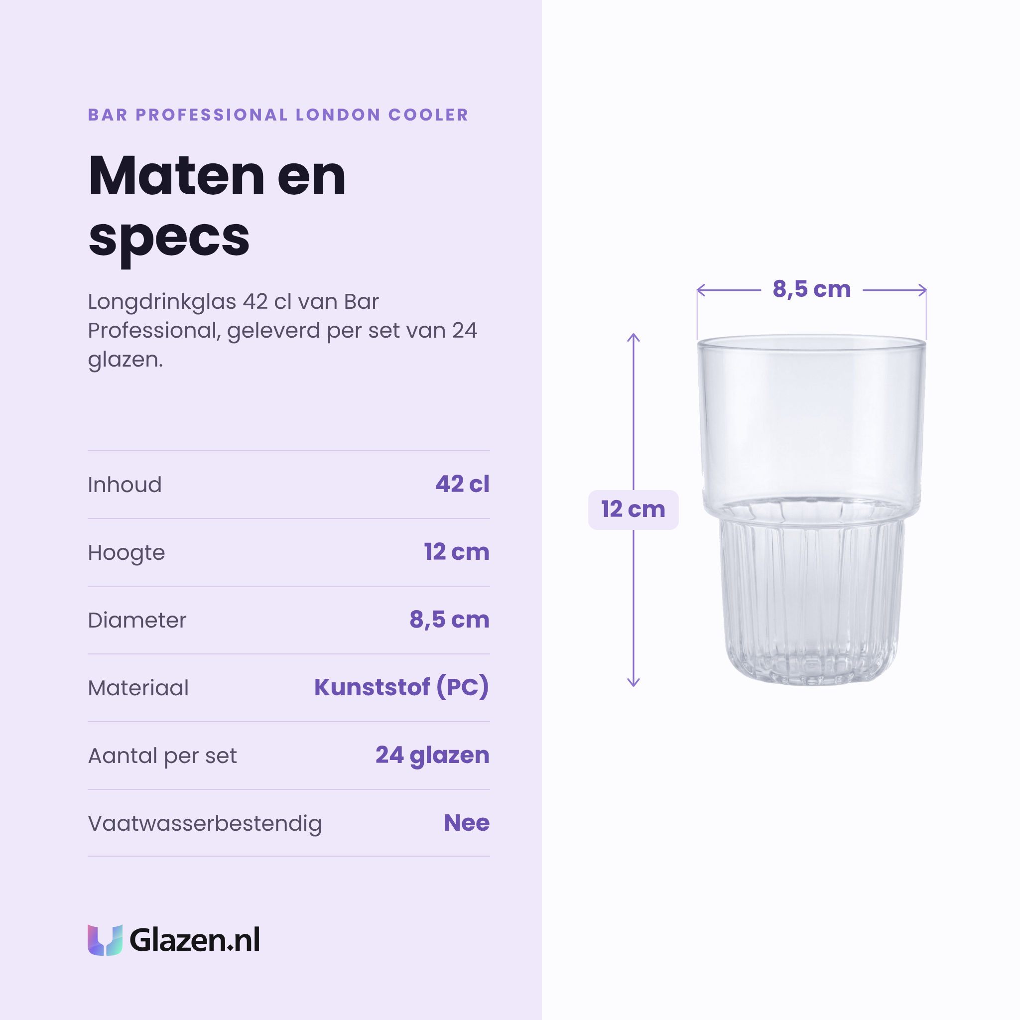 Bar Professional London Cooler longdrinkglas 42 cl specificaties: inhoud 42 cl, hoogte 12 cm, diameter 8,5 cm, kunststof, set van 24