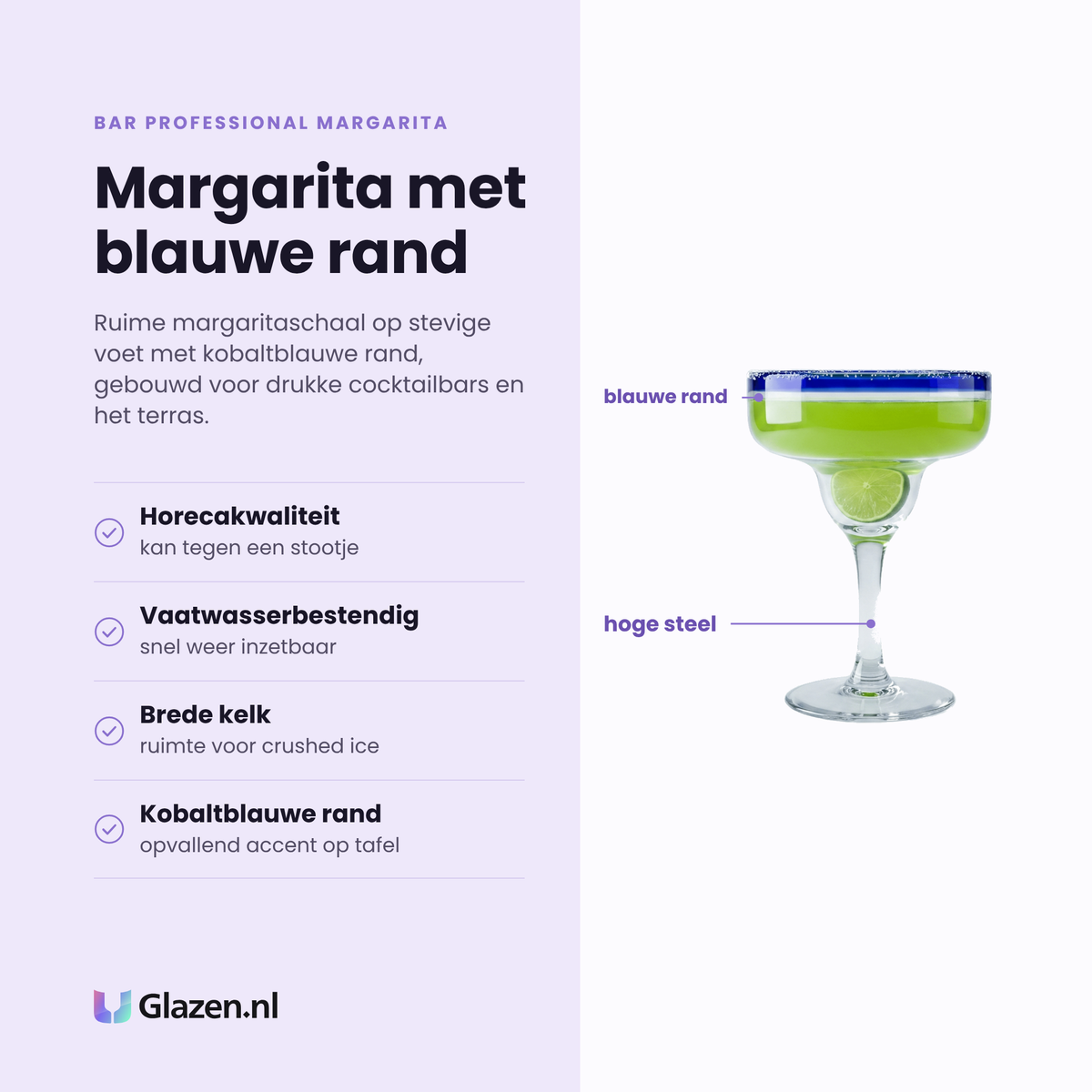 Bar Professional Margarita margaritaglas 38 cl eigenschappen: kobaltblauwe rand, brede kelk voor crushed ice, horecakwaliteit, vaatwasserbestendig