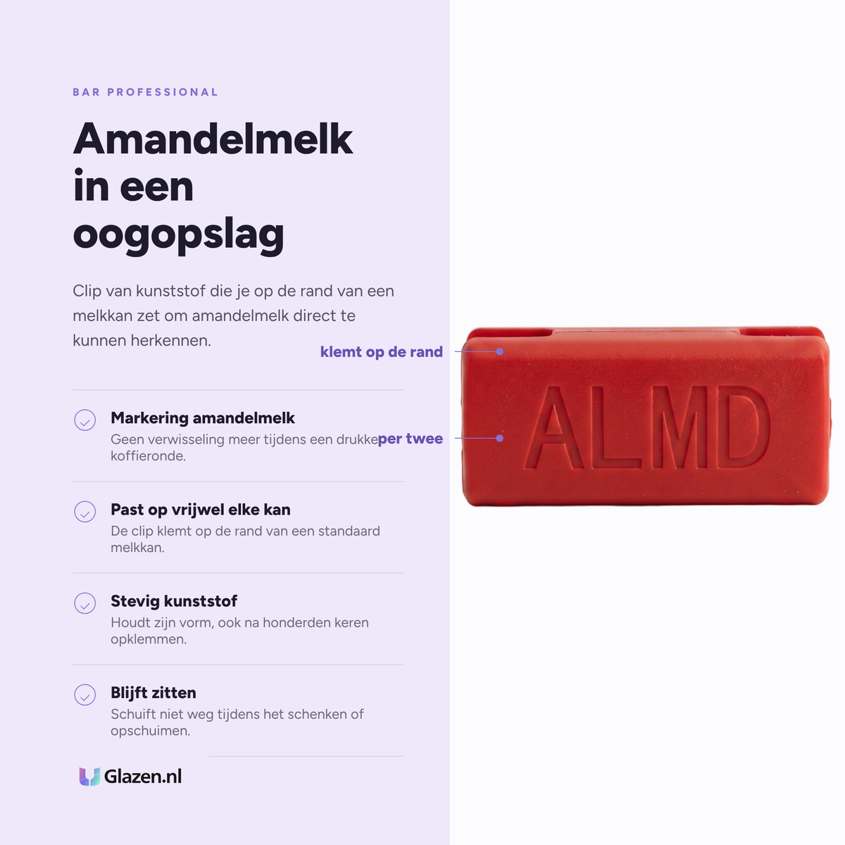 Bar Professional Melkkan Identiteitsclip Amandelmelk - 2 Stuks eigenschappen: markering amandelmelk, past op vrijwel elke kan, stevig kunststof, blijft zitten
