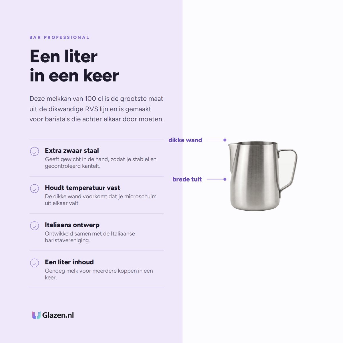 Infographic met de eigenschappen van de Bar Professional Melkkan RVS 100 Cl