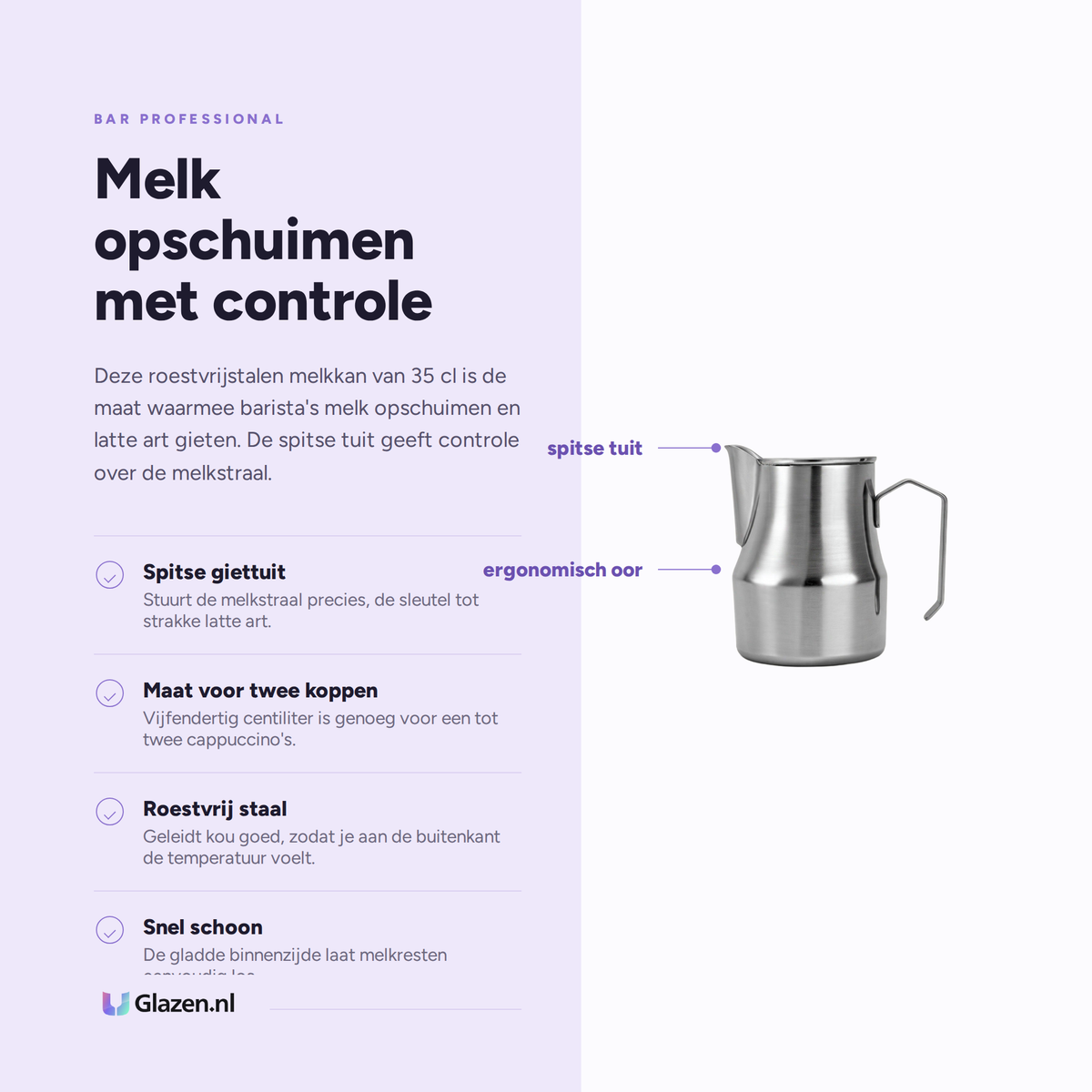Infographic met de eigenschappen van de Bar Professional Melkkan RVS 35 Cl