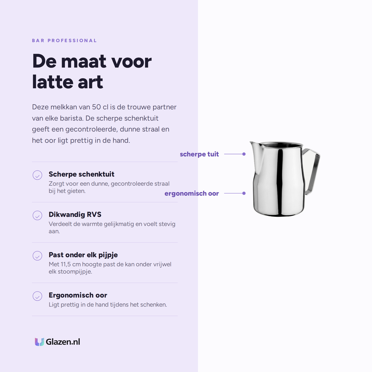 Infographic met de eigenschappen van de Bar Professional Melkkan RVS 50 Cl