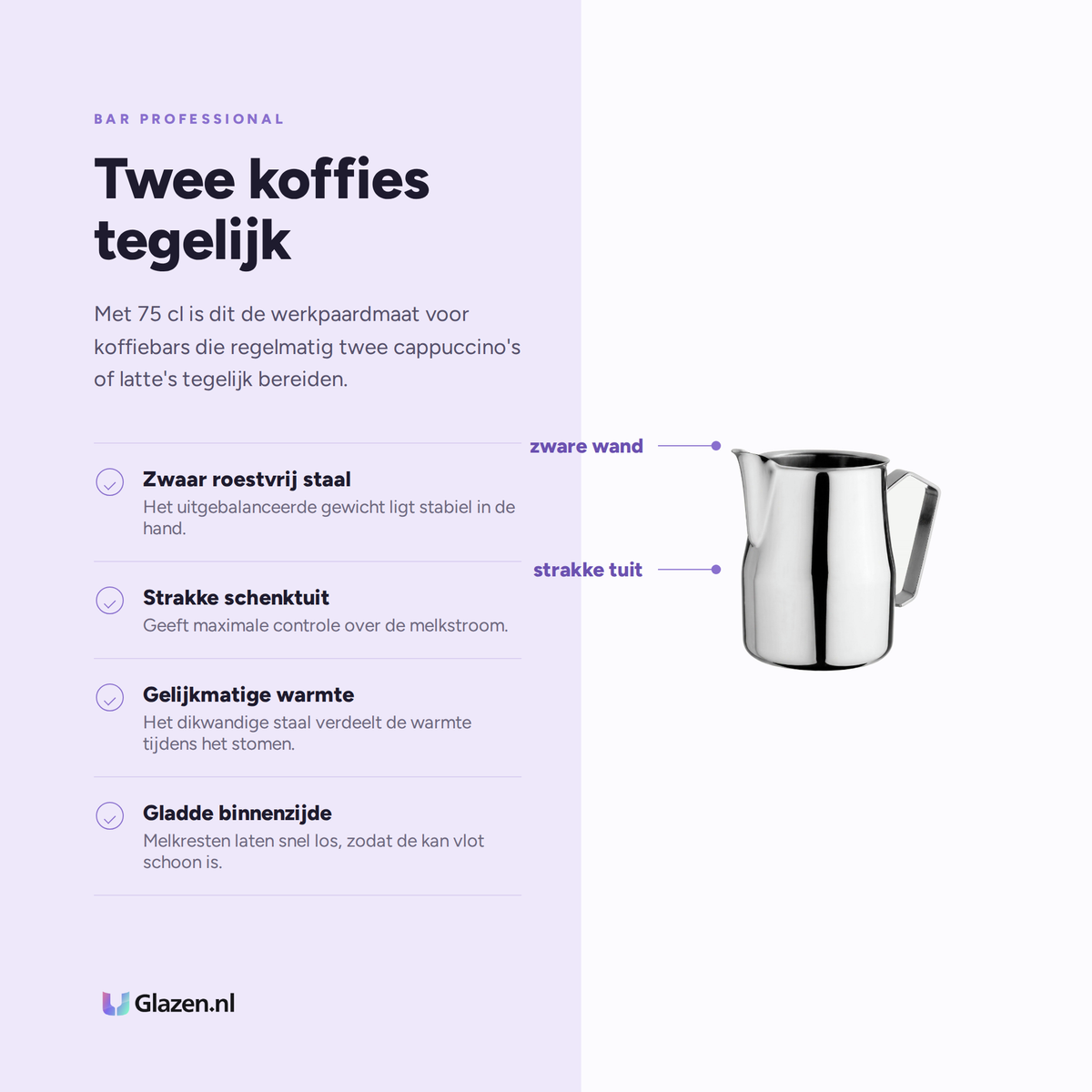 Infographic met de eigenschappen van de Bar Professional Melkkan RVS 75 Cl
