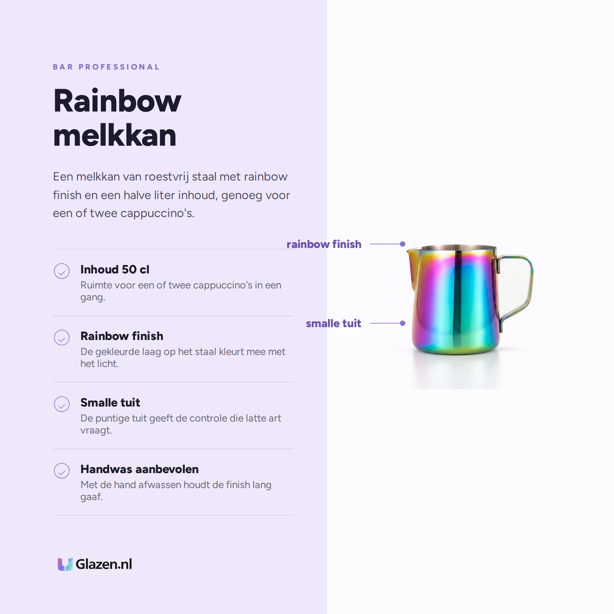 Eigenschappen van de Bar Professional Rainbow Melkkan RVS 50 Cl