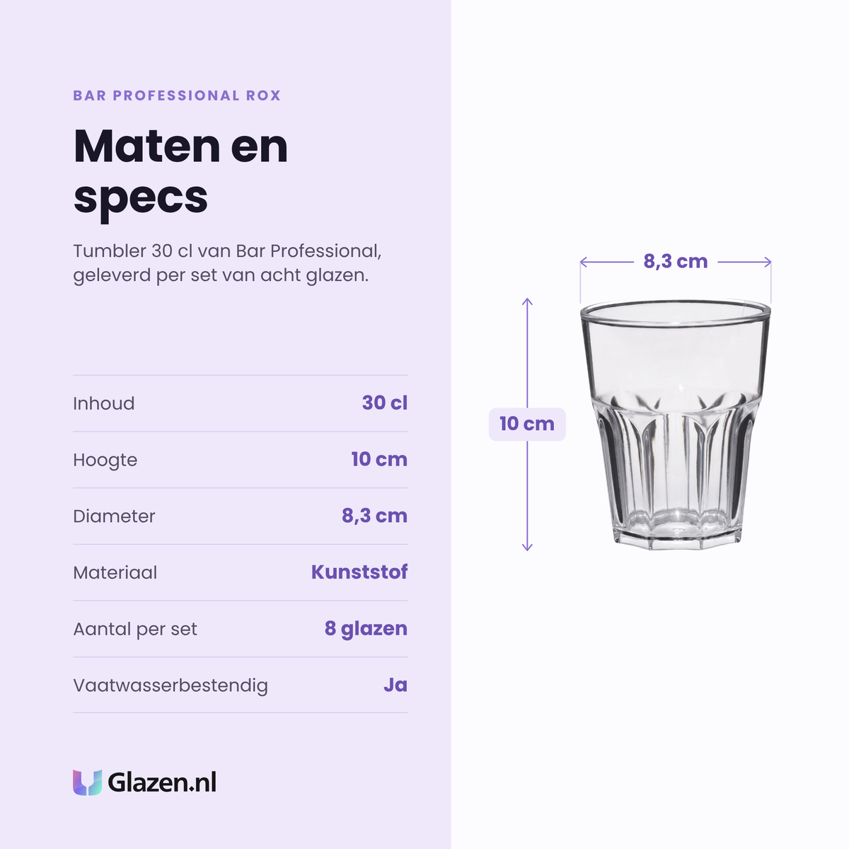 Bar Professional Rox tumbler 30 cl specificaties: inhoud 30 cl, hoogte 10 cm, diameter 8,3 cm, kunststof, set van 8