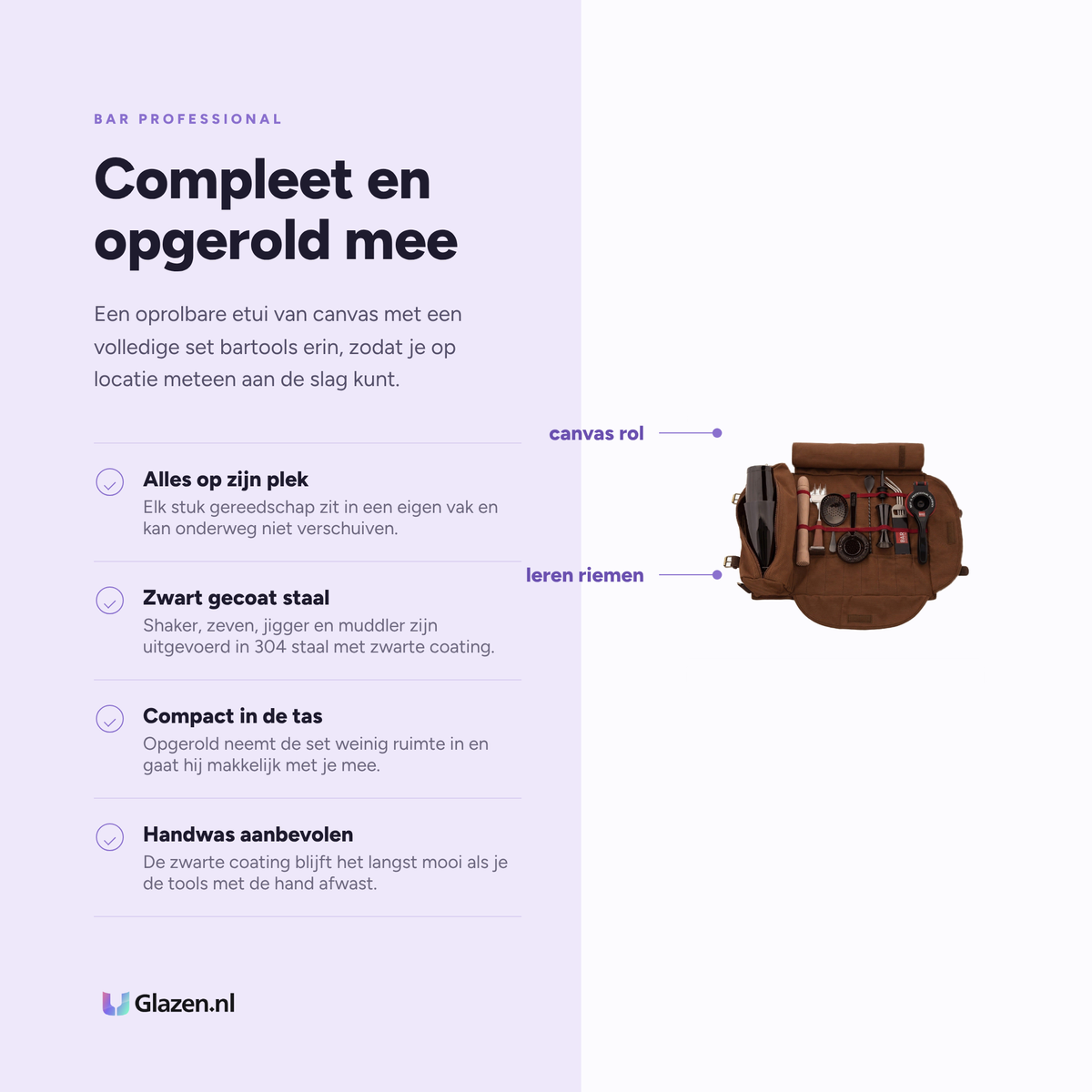 Infographic met de eigenschappen van de Bar Professional Speakeasy bartender roll