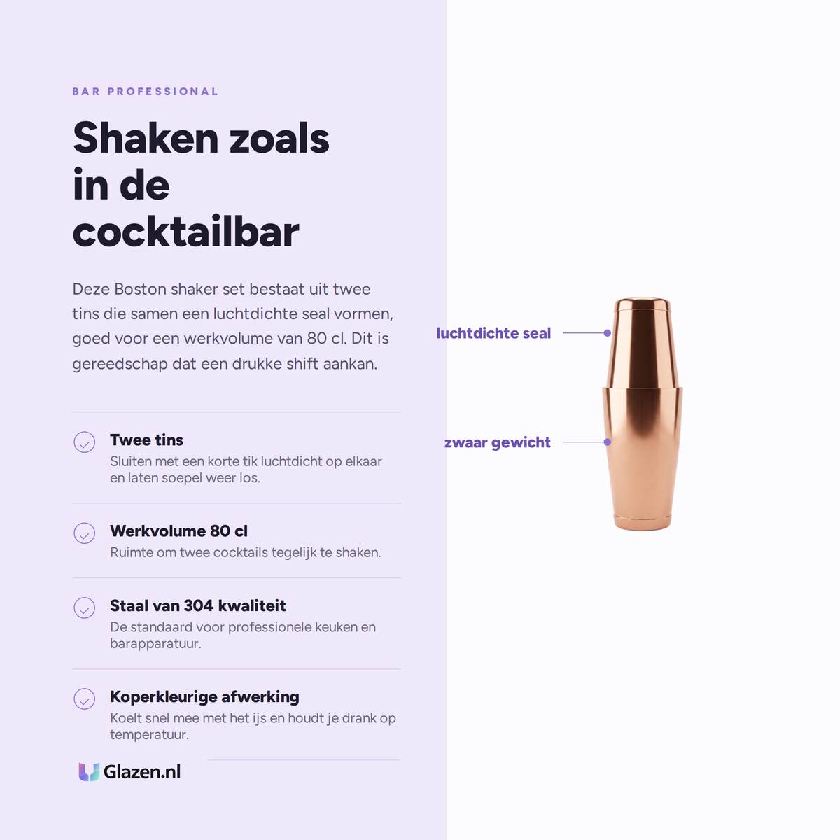 Infographic met de eigenschappen van de Bar Professional Speakeasy Boston Shaker Set Koper 80 Cl