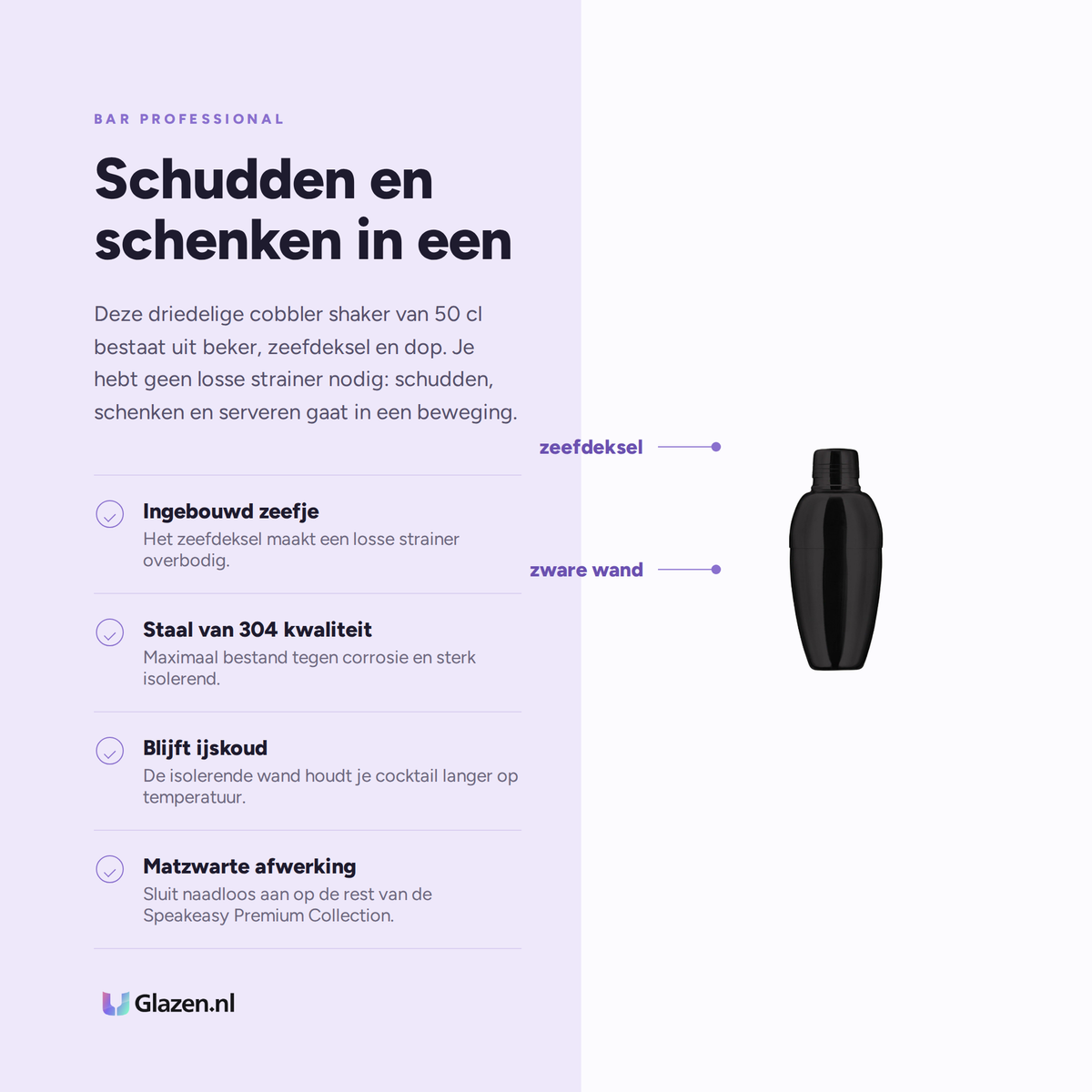 Infographic met de eigenschappen van de Bar Professional Speakeasy Cobbler Shaker Zwart 50 Cl