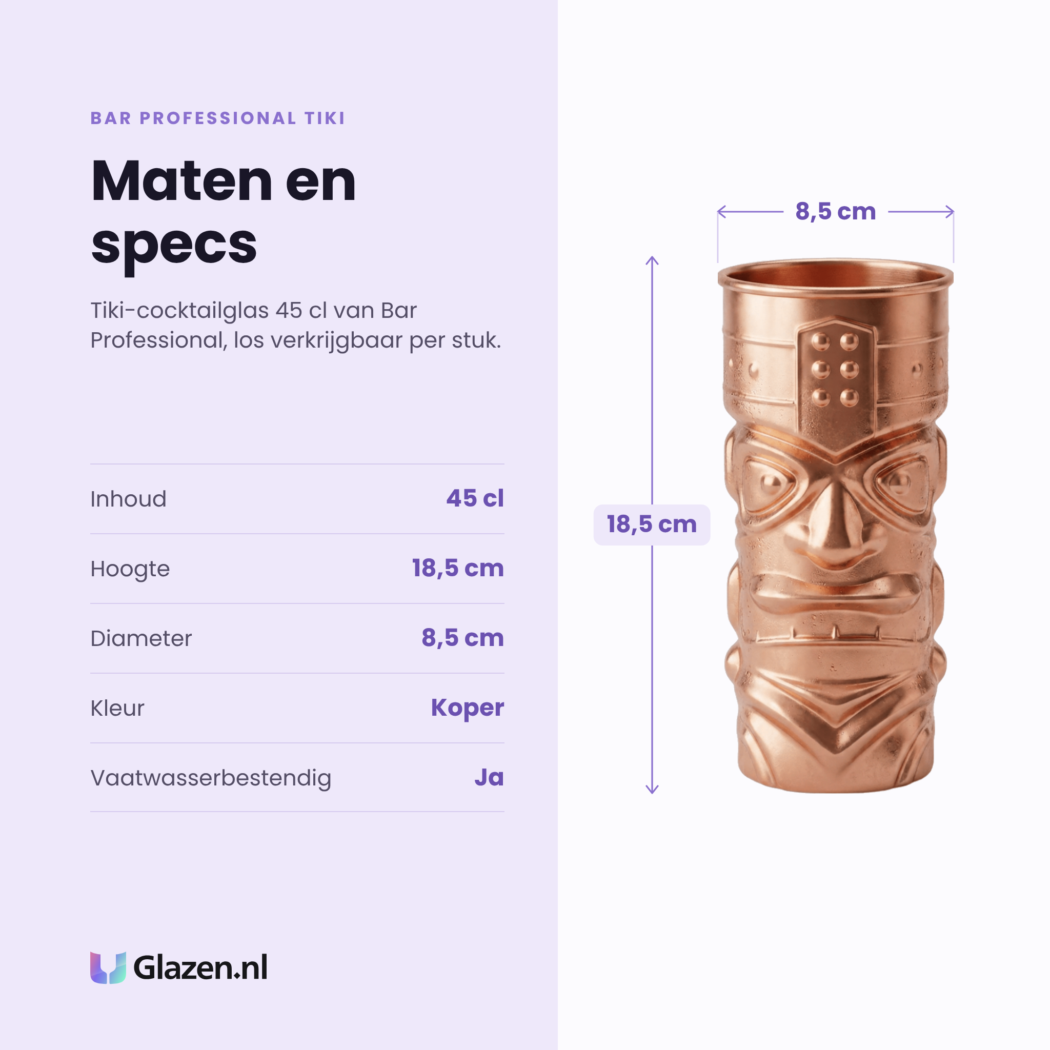 Bar Professional Tiki tiki-cocktailglas 45 cl specificaties: inhoud 45 cl, hoogte 18,5 cm, diameter 8,5 cm, koper, los per stuk
