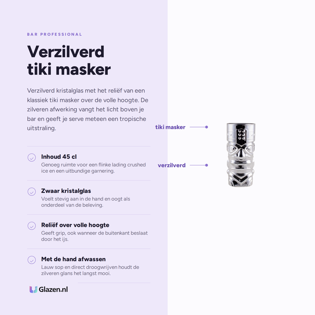 Eigenschappen van het Bar Professional Tiki Longdrinkglas Zilver 45 Cl