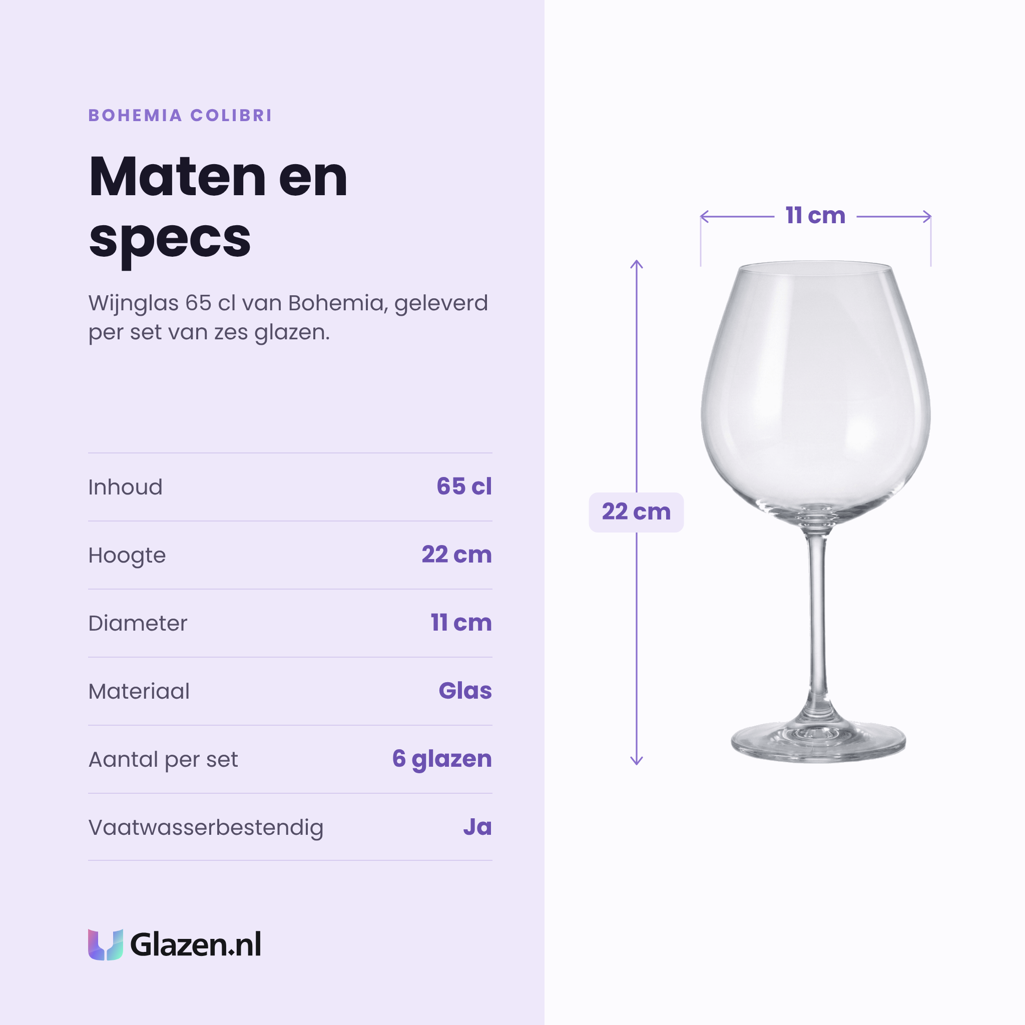 Bohemia Colibri wijnglas 65 cl specificaties: inhoud 65 cl, hoogte 22 cm, diameter 11 cm, glas, set van 6