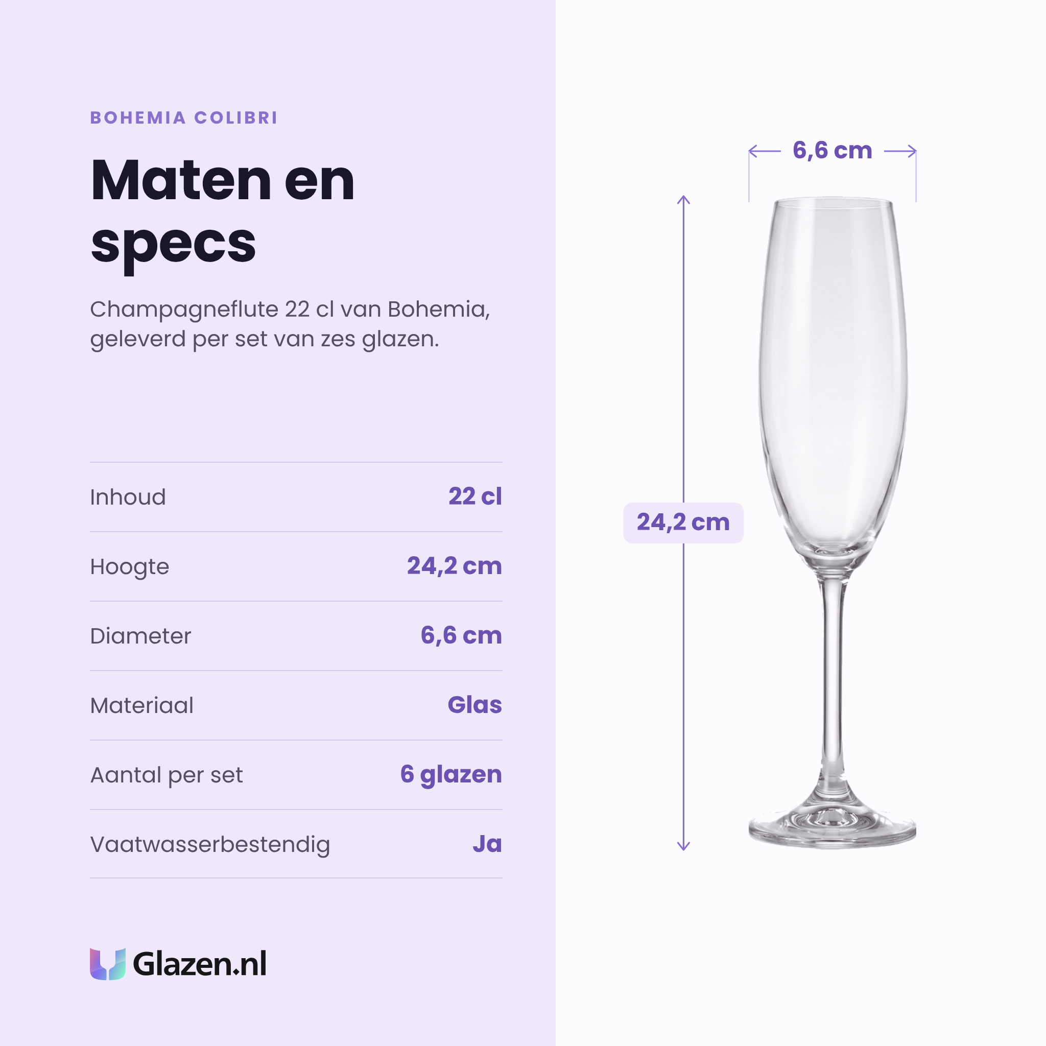 Bohemia Colibri champagneflute 22 cl specificaties: inhoud 22 cl, hoogte 24,2 cm, diameter 6,6 cm, glas, set van 6