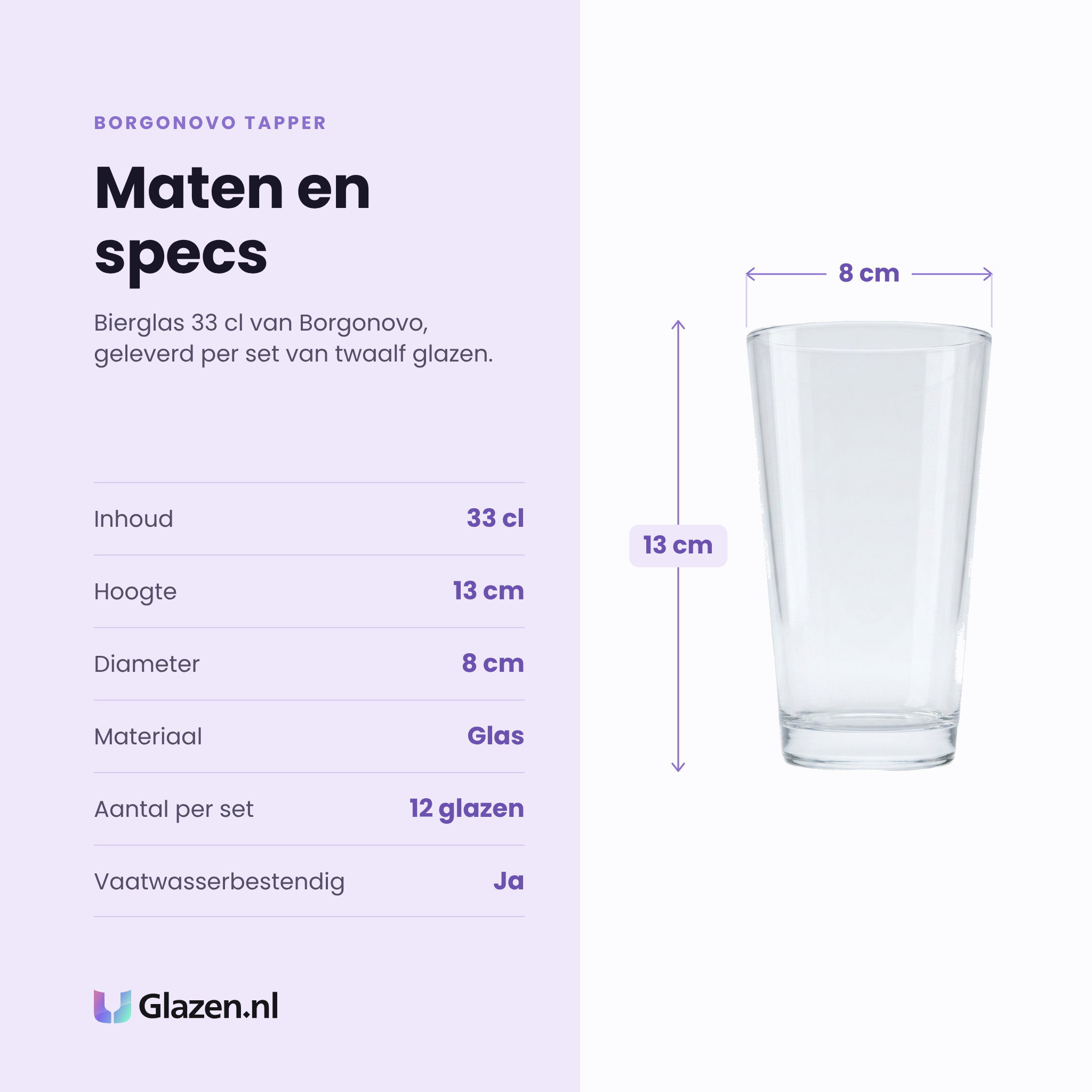 Borgonovo Tapper bierglas 33 cl specificaties: inhoud 33 cl, hoogte 13 cm, diameter 8 cm, glas, set van 12