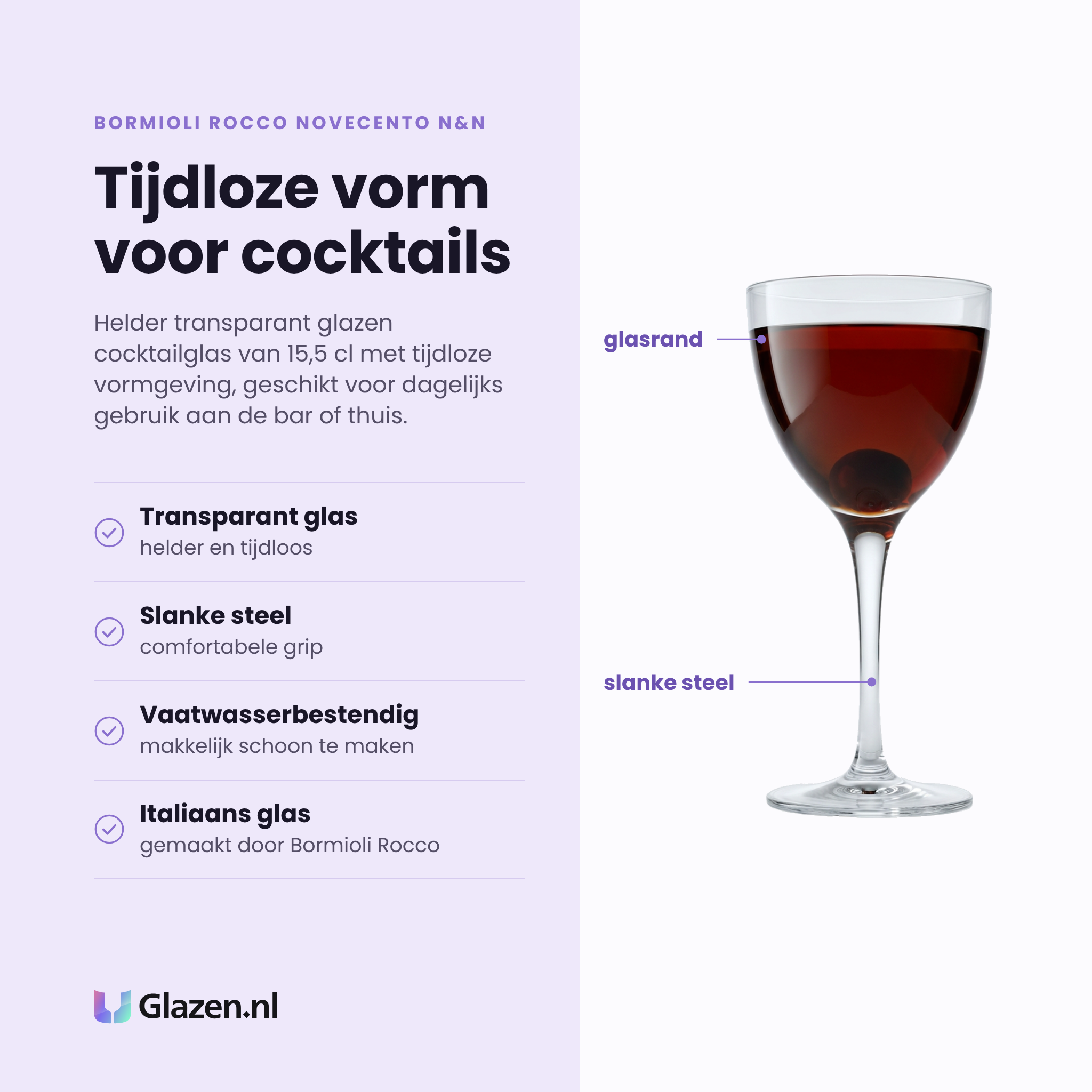 Bormioli Rocco Novecento N&N cocktailglas eigenschappen: transparant glas, slanke steel, vaatwasserbestendig, Italiaans glas