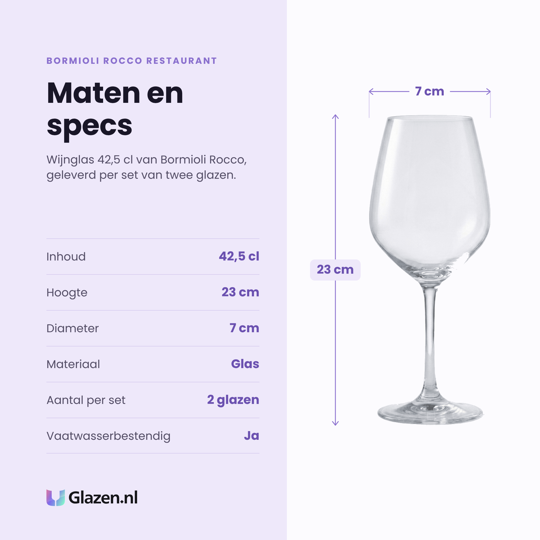Bormioli Rocco Restaurant wijnglas 42,5 cl specificaties: inhoud 42,5 cl, hoogte 23 cm, diameter 7 cm, glas, set van 2