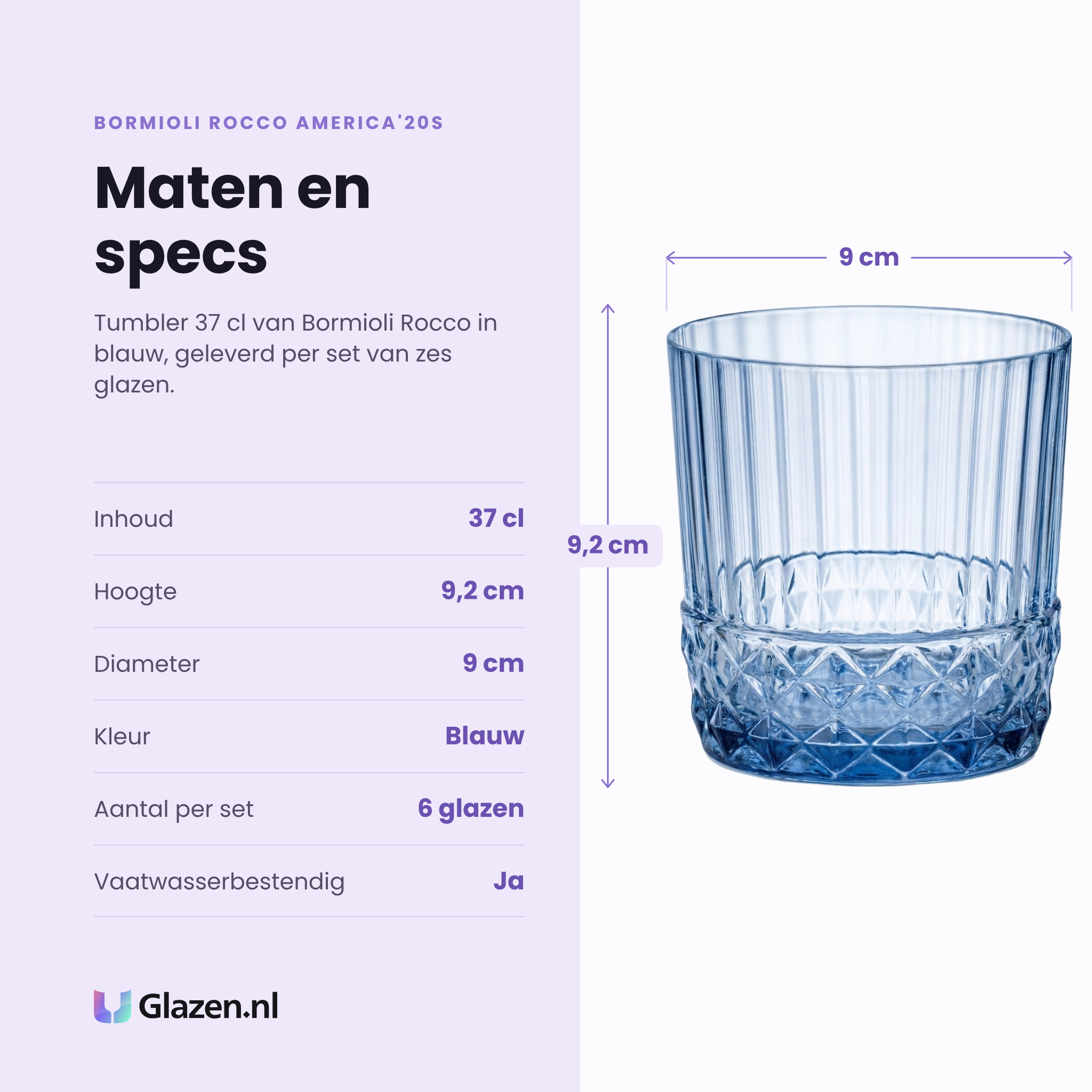 Bormioli Rocco America'20s tumbler 37 cl blauw specificaties: inhoud 37 cl, hoogte 9,2 cm, diameter 9 cm, blauw glas, set van 6