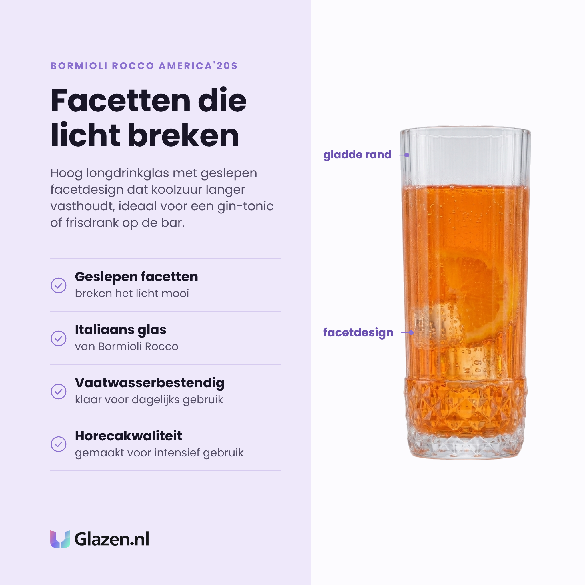 Bormioli Rocco America'20s longdrinkglas 40 cl eigenschappen: geslepen facetten, italiaans glas, vaatwasserbestendig, horecakwaliteit