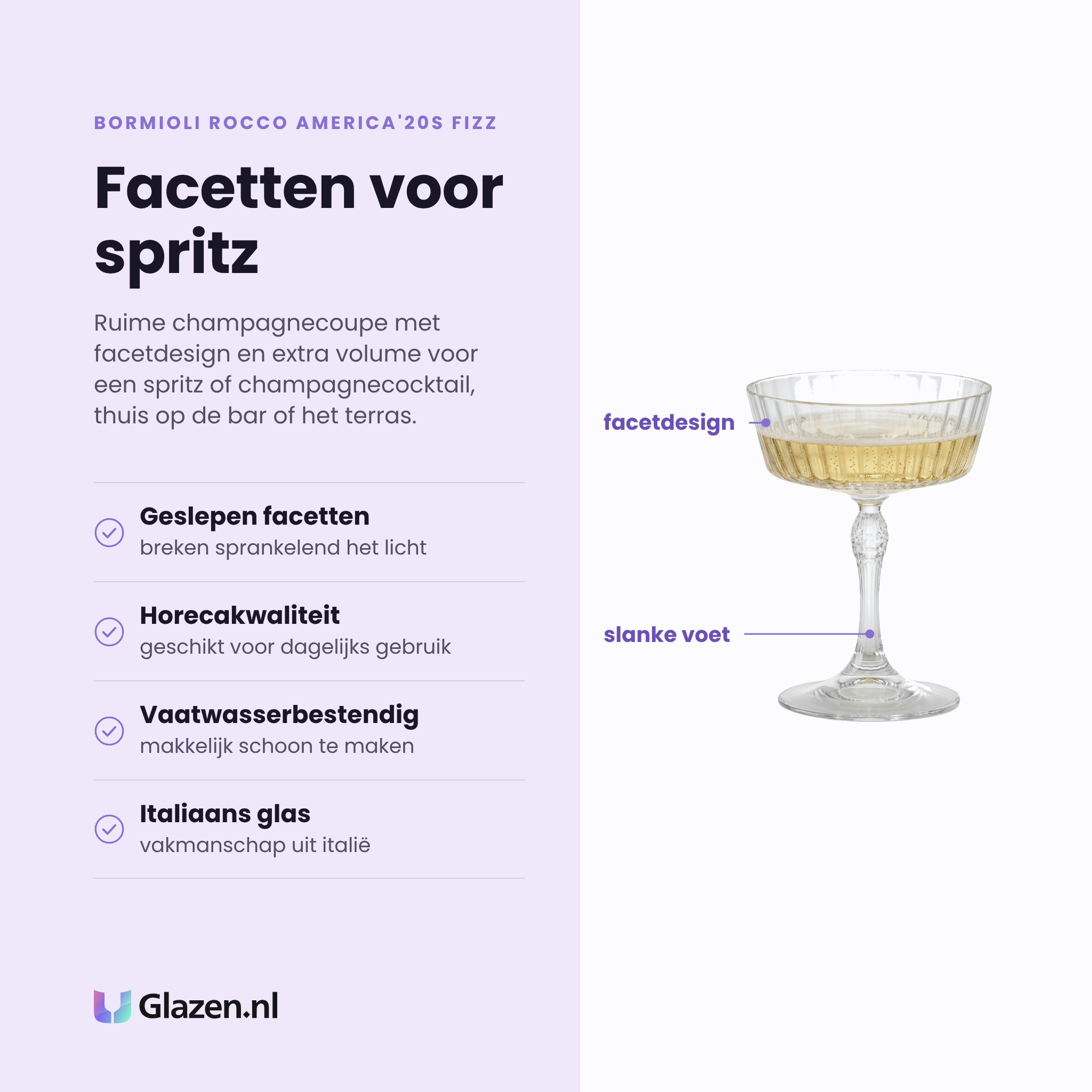 Bormioli Rocco America'20s Fizz champagnecoupe eigenschappen: geslepen facetten breken het licht, horecakwaliteit voor dagelijks gebruik, vaatwasserbestendig, italiaans glas