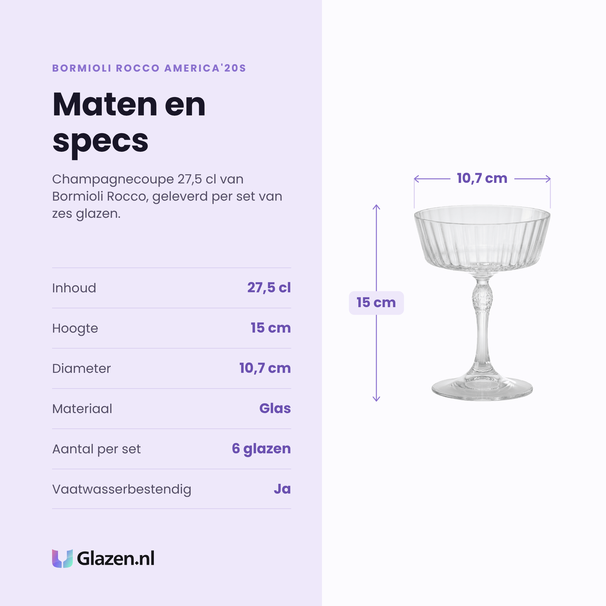 Bormioli Rocco America'20s Fizz champagnecoupe 27,5 cl specificaties: inhoud 27,5 cl, hoogte 15 cm, diameter 10,7 cm, glas, set van 6